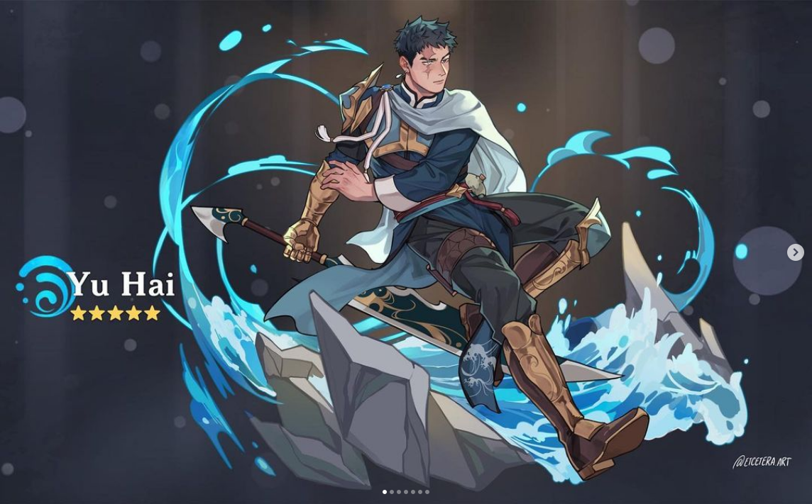 a dynamic illustration showcasing a male character, likely from a fantasy game or story, set against a backdrop of water and rocks. he's depicted in midaction, wielding a spearlike weapon, with magical water swirling around him. his attire, a blend of blue, gold, and white, suggests a warrior or a hero. the art style is semirealistic with a focus on vibrant colors and energetic poses.