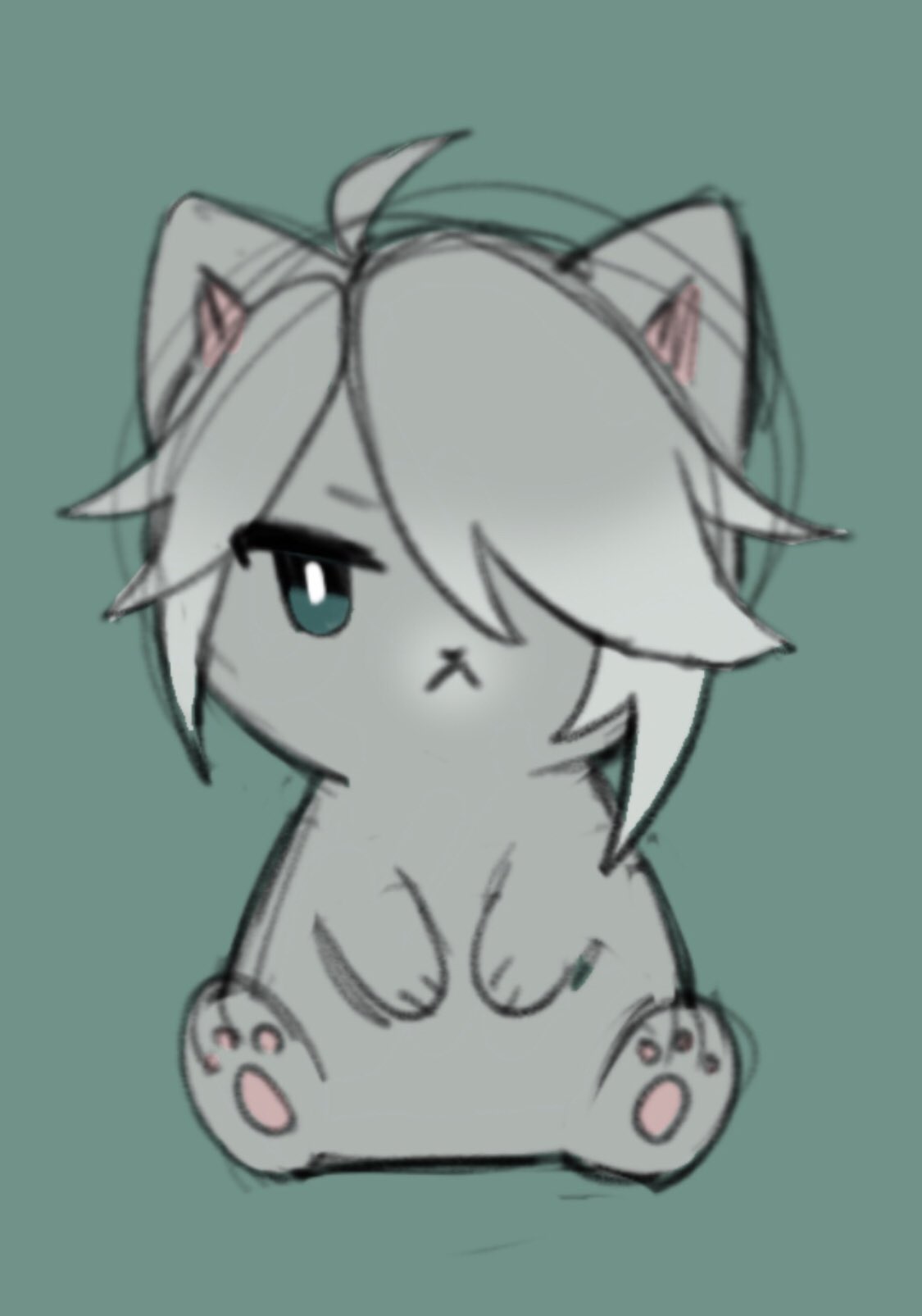 this is a cartoon drawing of a cute grey cat with white fur sitting on the floor. the cat has big sad eyes and a small mouth. the cat is facing towards the right side of the image. the background is a light green color.  the drawing style of the cat is anime, chibi, and kawaii.