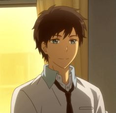 the image showcases a portrait of an anime boy. he's depicted in a white shirt with a slightly unbuttoned collar and a black tie, suggesting a school uniform. the boy has brown hair with a subtle fringe and gentle brown eyes. he's set against a backdrop reminiscent of a room, bathed in warm, soft lighting that emanates from the left. this lighting choice highlights his features and creates a comforting atmosphere. the overall composition exudes a sense of calmness and approachability.