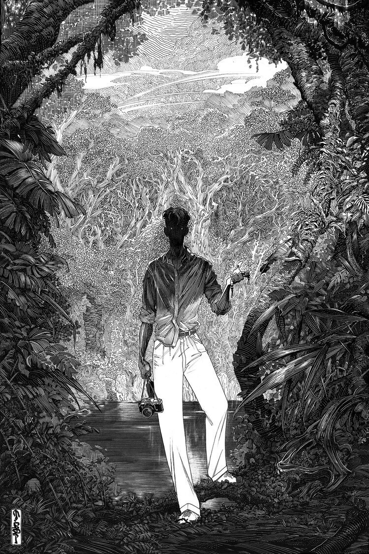 the illustration depicts a man, likely an explorer or photographer, standing at the edge of a jungle. he is dressed in lightcolored, loosefitting clothing, suggesting a hot and humid climate. he holds a machete in his left hand and a vintage camera hangs by his side, hinting at his purpose in this wild environment. the dense jungle foliage, rendered in intricate detail, creates a sense of depth and mystery, inviting the viewer to imagine the adventures that await within.