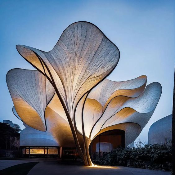 the image shows a modern, futuristic building with an organic, almost floral design. its curved, shelllike structure is illuminated from within, creating a warm glow against the dusky sky.  the building appears to be a pavilion or entrance to a larger structure, surrounded by trees and foliage.