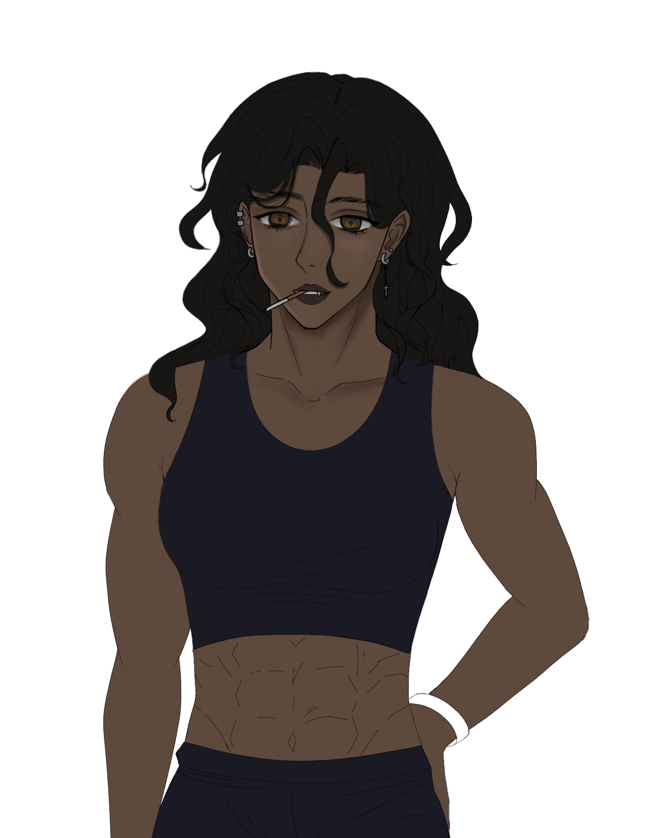 a drawing of a muscular, darkskinned anime girl with black wavy hair and brown eyes. she is wearing a dark tank top and has visible abs. she has earrings and a lollipop in her mouth. a white wristband is on her left hand.