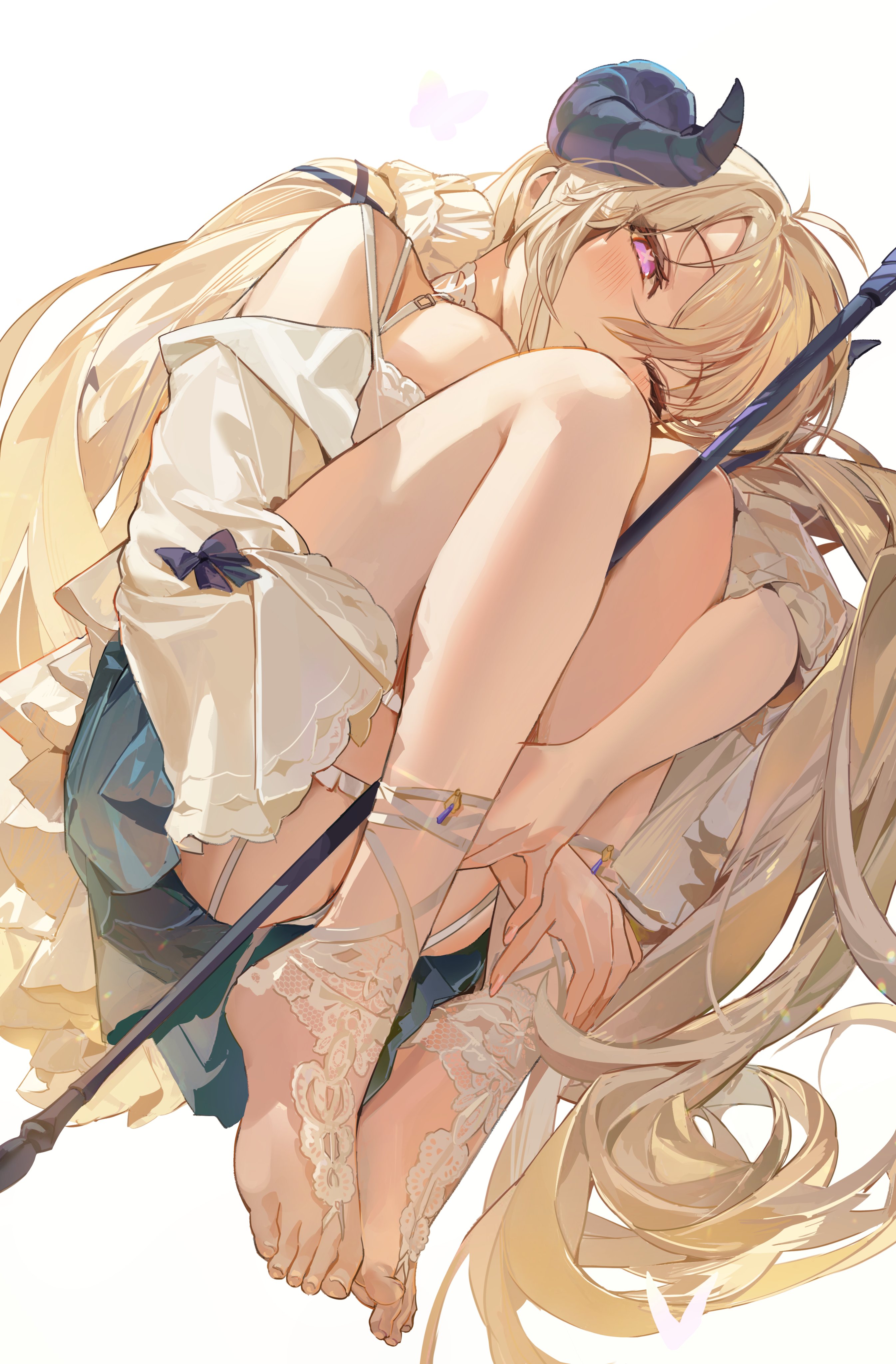 the image is a digital painting or illustration of a beautiful animestyle girl. she has long, light blonde hair, pale skin, and a pair of dark, curved horns atop her head, suggesting a fantasy or demonic theme.  she is sitting curled up, with her long legs drawn up close to her body.  she's wearing a mostly white, flowing dress with lace accents on her socks or stockings, visible just below her knees. a dark staff or wand rests near her legs and is partly obscured by her form. the overall style is soft, delicate, and slightly whimsical. the background is a simple white, drawing attention to the character and her pose. the lighting is gentle and warm, creating a serene and peaceful atmosphere. the overall aesthetic is quite charming and aesthetically pleasing.