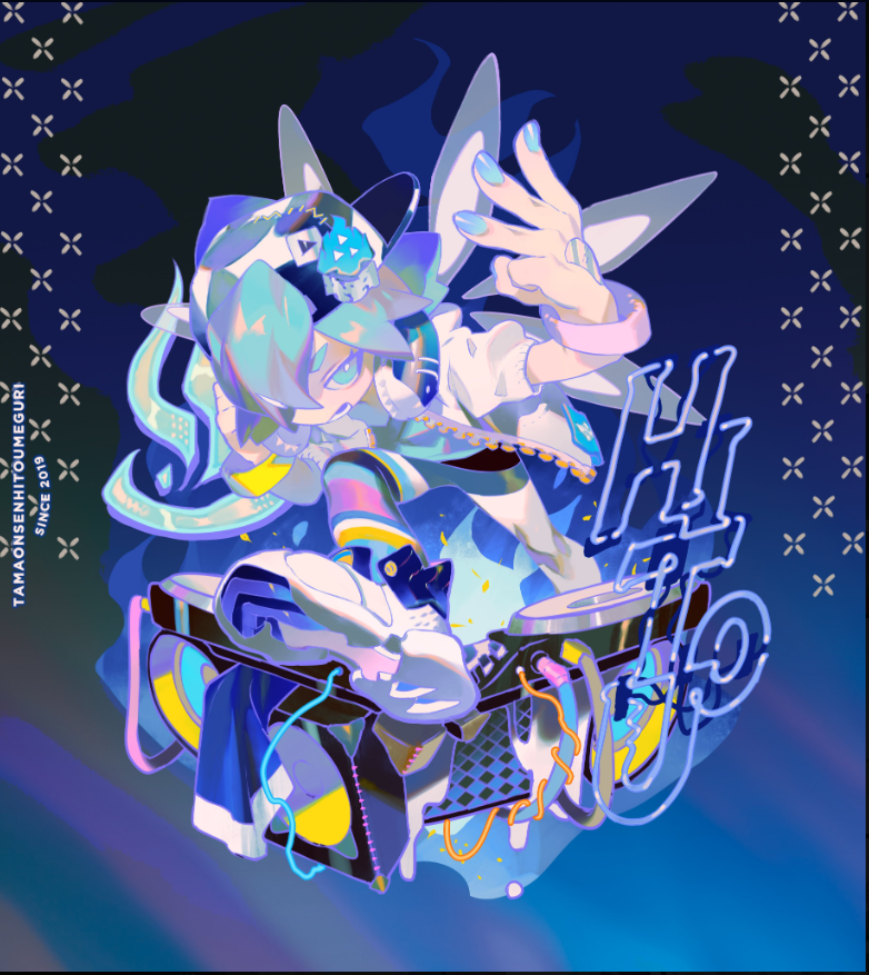 the image showcases a stylized illustration of a girl with vibrant blue and teal hair wearing headphones, deeply immersed in music. her attire boasts a trendy, futuristic aesthetic with bright accents. she is positioned with one hand raised, her pose exuding confidence and passion for the music. the background features an abstract design with neon blue and purple hues, further emphasizing the energetic and vibrant theme.  the overall artwork possesses a dynamic and captivating quality.