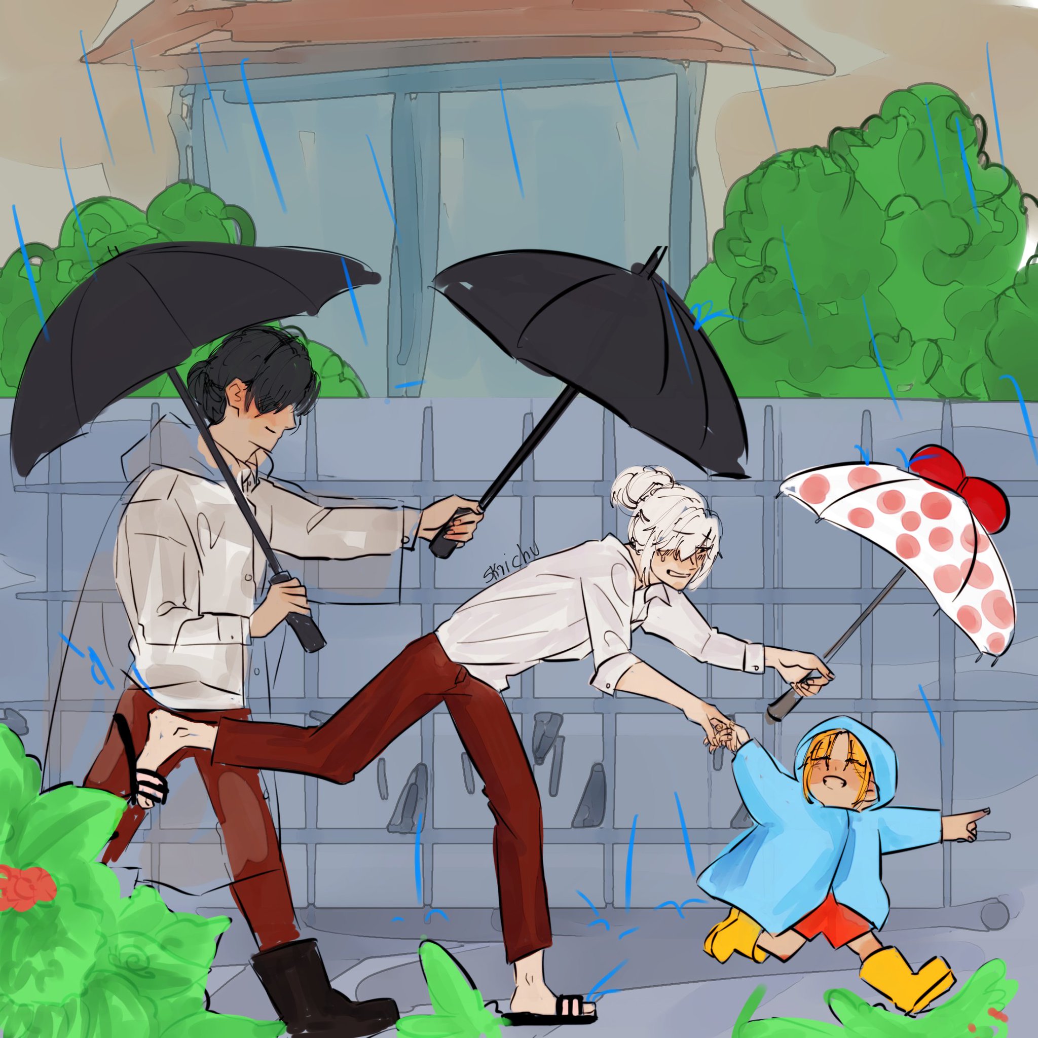 the image depicts a  lighthearted and whimsical illustration of three people walking in the rain.  a man and woman are walking side by side, with the woman holding an umbrella over her head. the man is holding another umbrella and is walking behind them.  they are all smiling and seem to be enjoying the rain. the background of the illustration is a cityscape with a few buildings in the background.  the colors are bright and cheerful, and the overall tone of the image is happy and optimistic.  the image is drawn in a cartoon style, with exaggerated features and simplified details.  the characters have a friendly and approachable look about them, and the image is full of life and energy.
