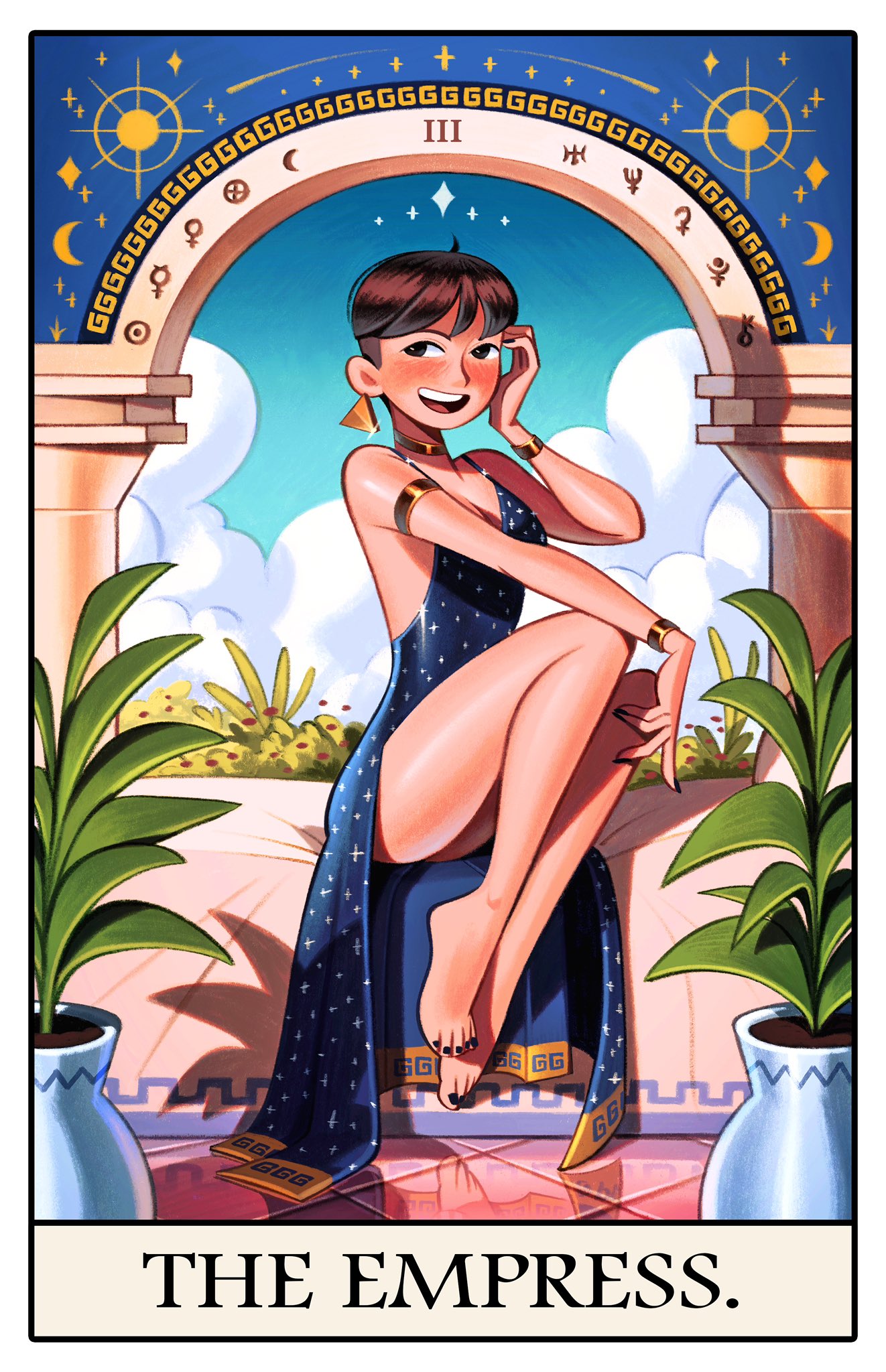 the image is a vibrant and stylized illustration of the empress tarot card.  a young woman with short, dark hair is depicted in a luxurious, dark blue, starstudded gown. she sits confidently within an ornate archway reminiscent of ancient architecture, flanked by lush green plants in decorative pots.  the background features a bright, sunny sky with clouds, and the archway is adorned with various astrological symbols and celestial details, all contributing to the card’s mystical and spiritual feel. the overall style is a blend of fantasy and glamorous art, with a focus on strong female representation and rich color palettes. the text "the empress." appears at the bottom of the image in a simple, elegant font.