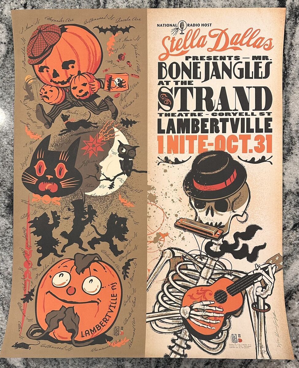 this is a vintage concert poster advertising an event featuring "stella dallas presents  mr. bone jangles at the strand theatre in lambertville, nj" on october 31st. the poster features a spooky and fun illustration with a skeleton playing a guitar, a pumpkin, a ghost, and a cat.