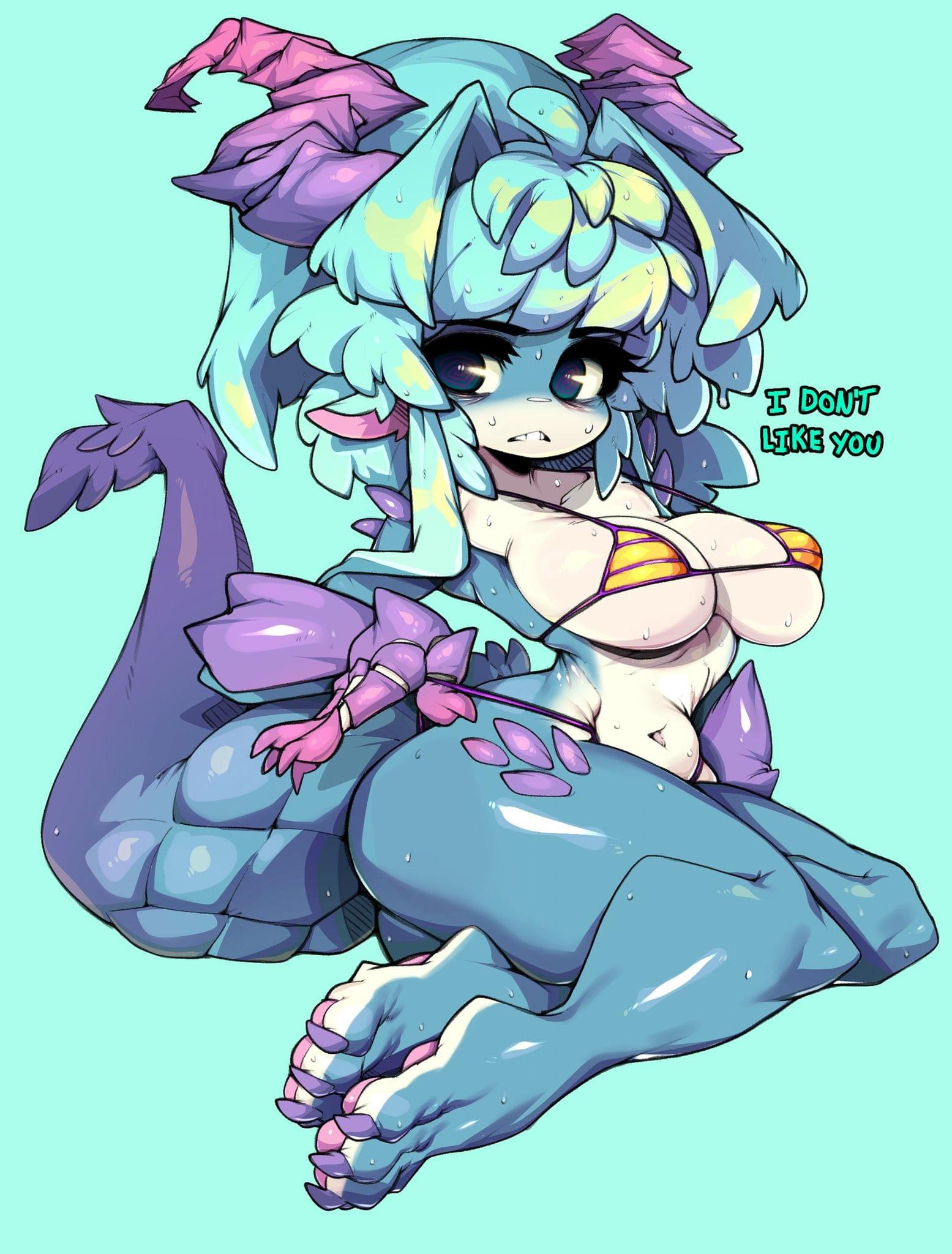 a blue dragon girl in a bikini sitting on the floor with her legs crossed. she has green hair and purple markings on her body and is frowning. she has a speech bubble over her head that says "i don't like you".
