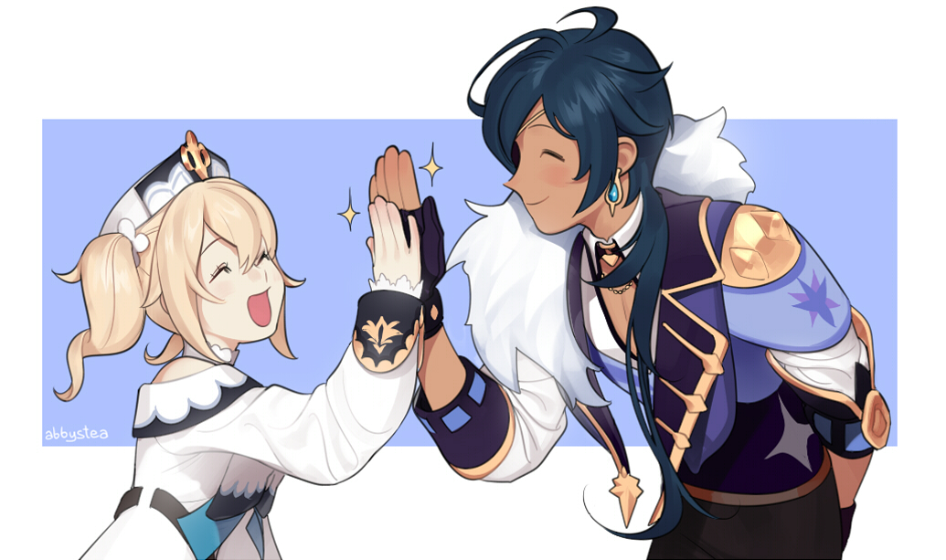 the image shows two characters from the video game genshin impact, lumine and kaeya, giving each other a high five. lumine is on the left side of the image and kaeya is on the right. they are both smiling happily.  lumine is wearing her default outfit and kaeya is wearing his usual attire. the background is a plain light blue.