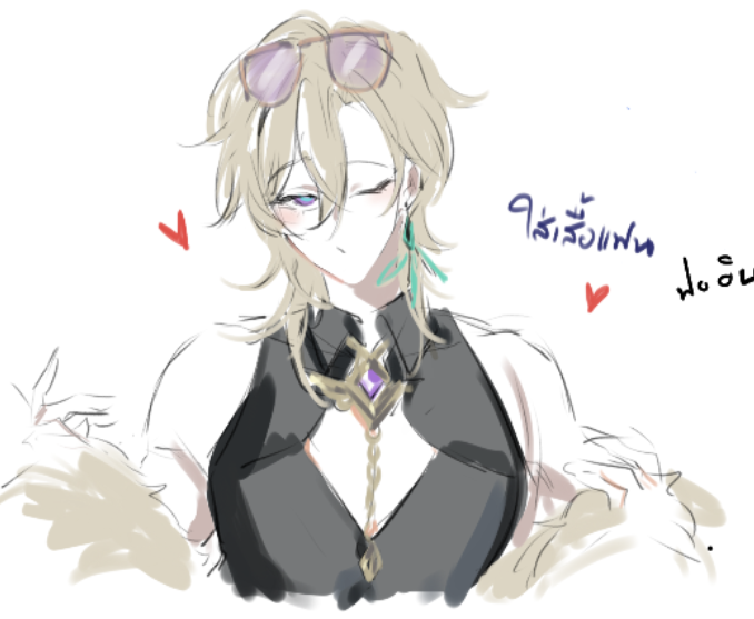 an anime style drawing of a young woman with blonde hair and sunglasses smiling cutely with a white shirt and black jacket, with fur draped over her shoulders. the drawing is done in a simple style with some light shading and detail.  there are hearts around the woman as well as some text in a different language written near the top right corner.