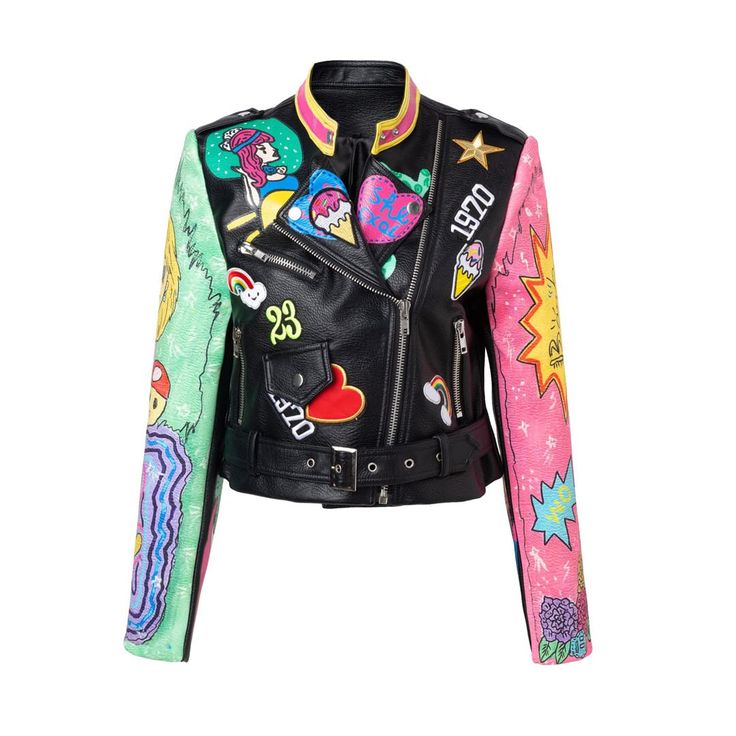 a black leather jacket with colorful patches and artwork. the left sleeve is green and features cartoon characters and shapes. the right sleeve is pink with a sunburst and other designs. the jacket has patches like a star, "1970", "23", a heart, an ice cream cone, and a cartoon snow white. it also has a black belt with a silver buckle and a small pocket.