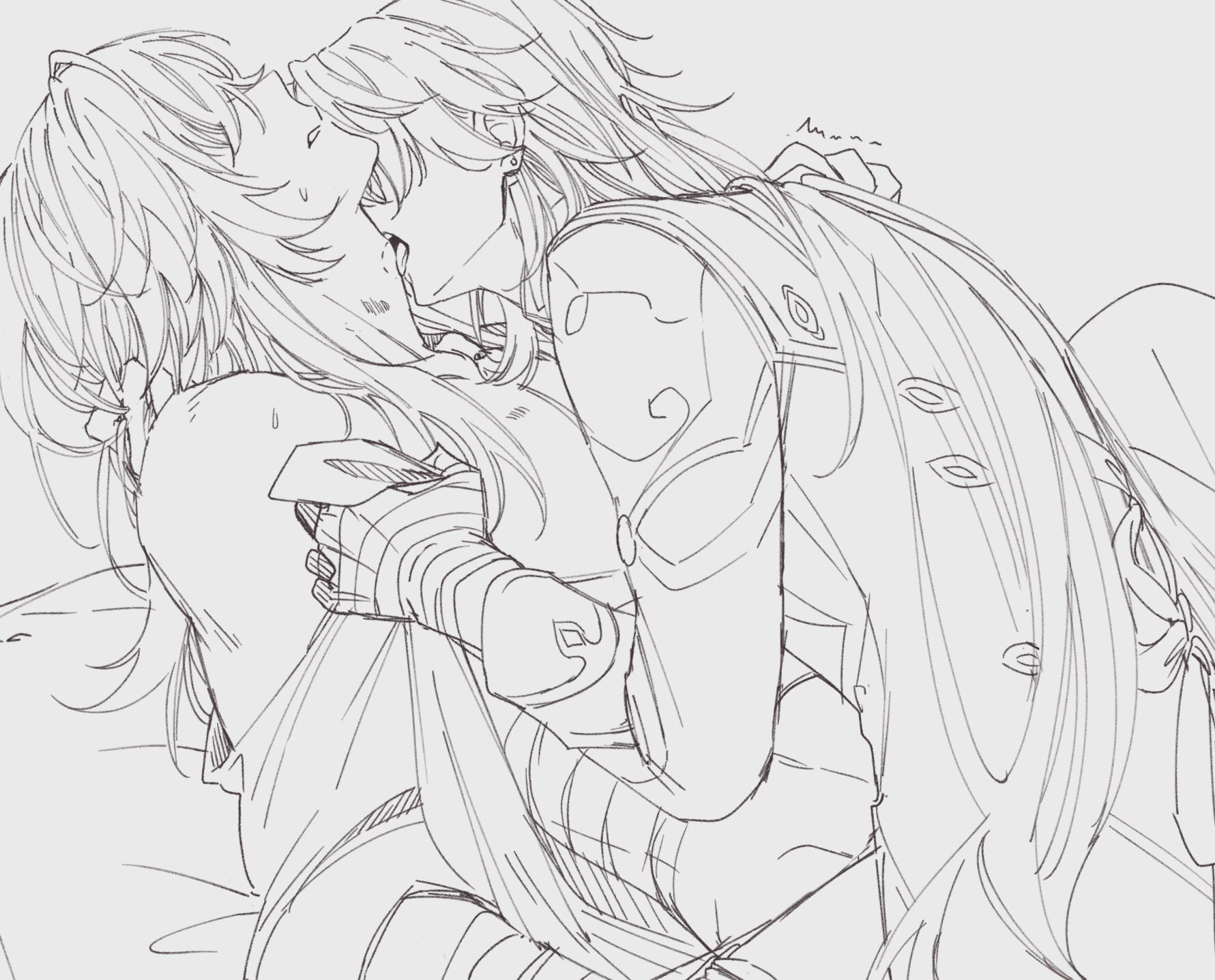 a black and white line art sketch of two anime characters, a male and a female, in a