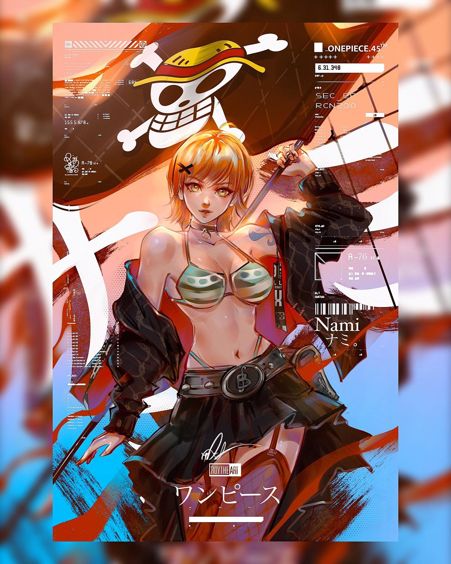 the image is a digital illustration of nami from the popular anime and manga series one piece. she is depicted in a stylish outfit, with a dark jacket over a skimpy swimsuit. the background is a vibrant mix of colors and patterns, including a red pirate flag with the straw hat pirates' symbol and a blue ocean. the image is full of energy and action, capturing nami's personality and her role as a skilled navigator and fierce fighter.