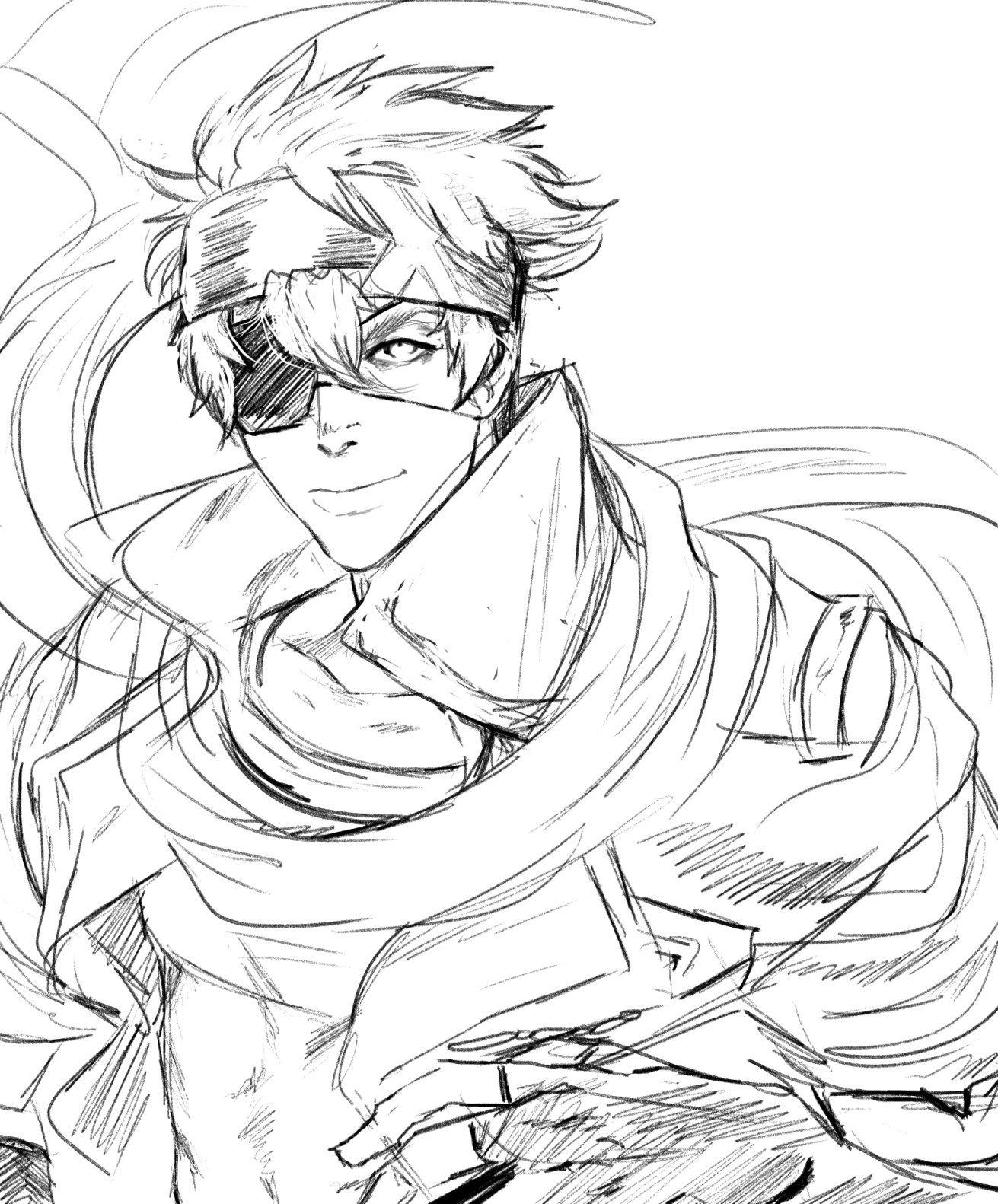 a sketch of a young anime male character with an eyepatch, dressed in a scarf and looking serious. the drawing is done with a black pen and uses lines only. it is a closeup view of the head and shoulders of the character, showcasing his facial features and expression.