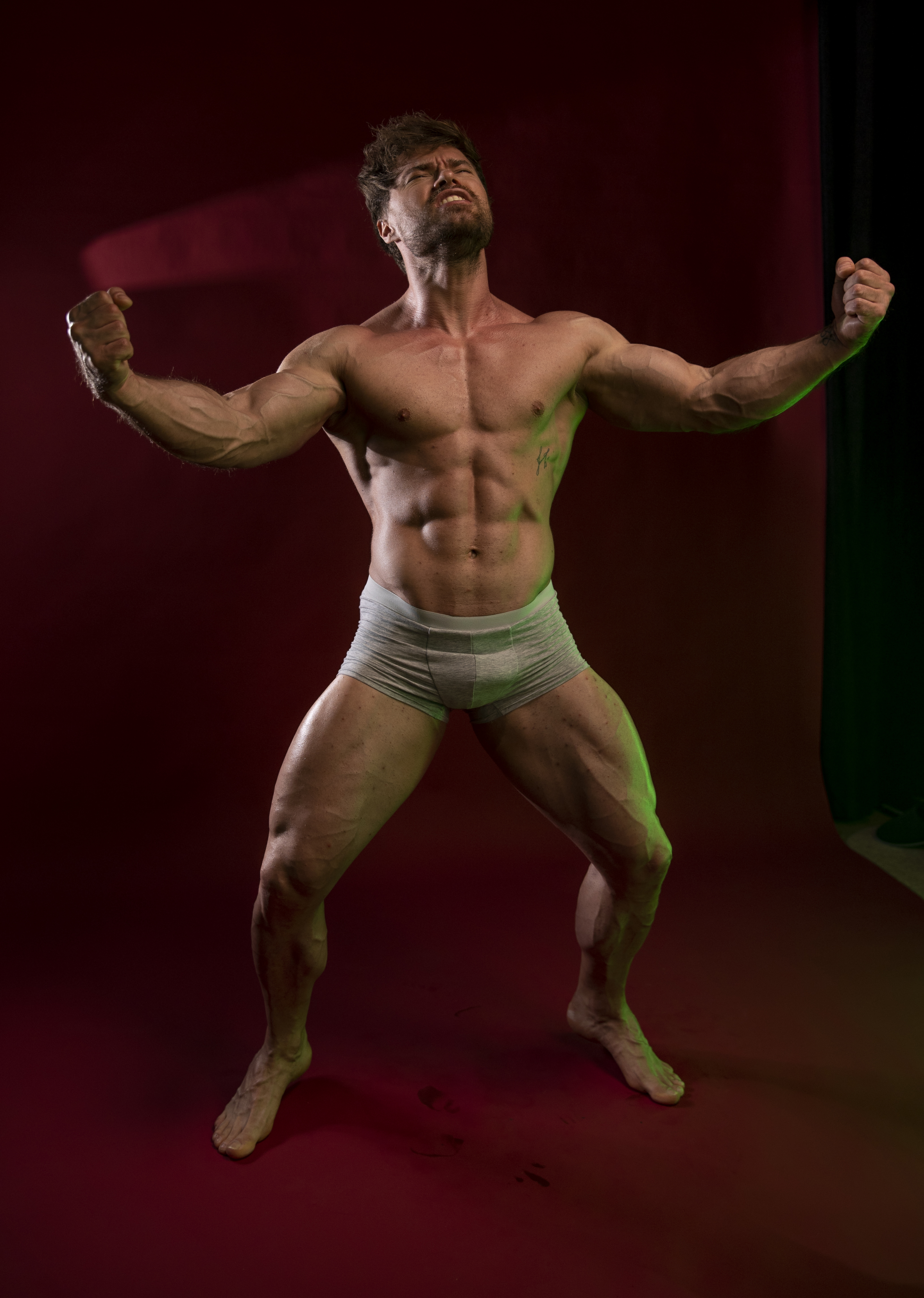 a muscular male bodybuilder is posing in front of a red background with green lighting. he is shirtless and wearing grey underwear. he is flexing his muscles, showing off his abs, chest, arms, and legs. he has a beard and a determined expression on his face.