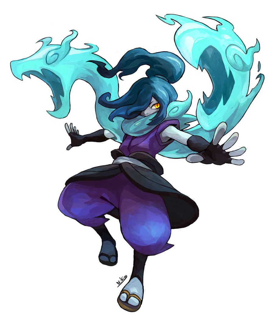 a digital illustration of a female anime character in a purple and black outfit, surrounded by blue and green smokelike fire. the character is posed in a midair attack stance with her hands extended outwards. the illustration is done in a bright and cartoonish style.