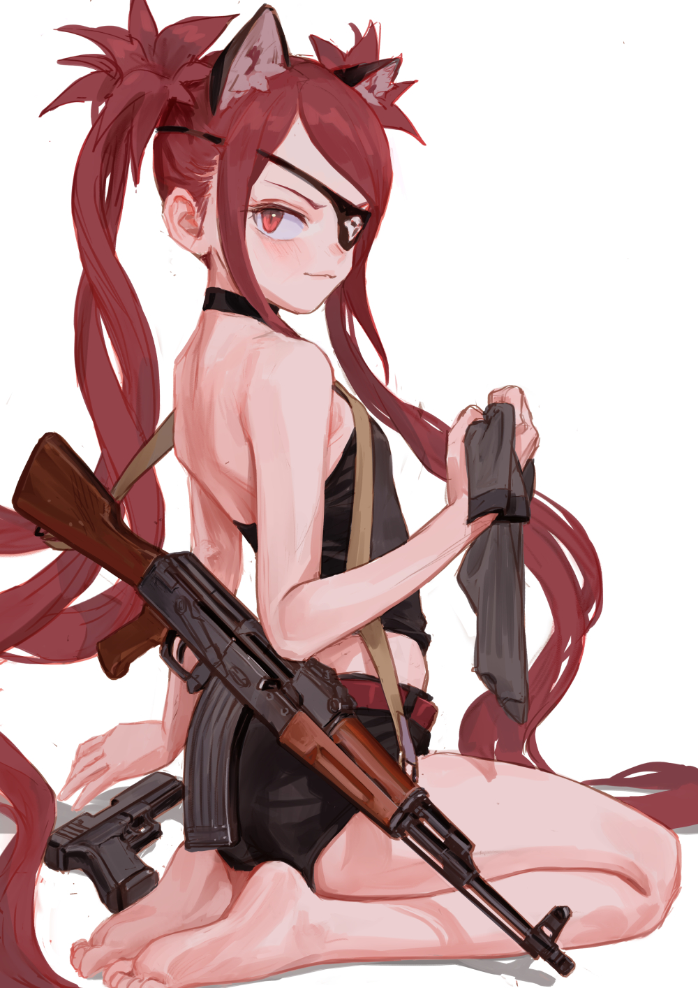 the image is an animestyle illustration of a young woman with red hair tied in ponytails, wearing cat ears and an eyepatch over one eye. she is dressed in a black top and shorts. she's armed with an ak47 and a handgun. she is holding a gray cloth.