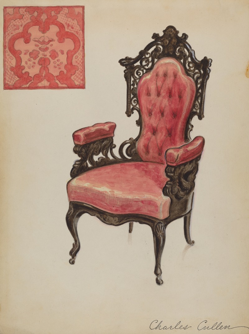 a drawing shows a red tufted chair with dark wood trim, alongside a red swatch of fabric with a patterned design. the drawing is signed "charles cullen" at the bottom.