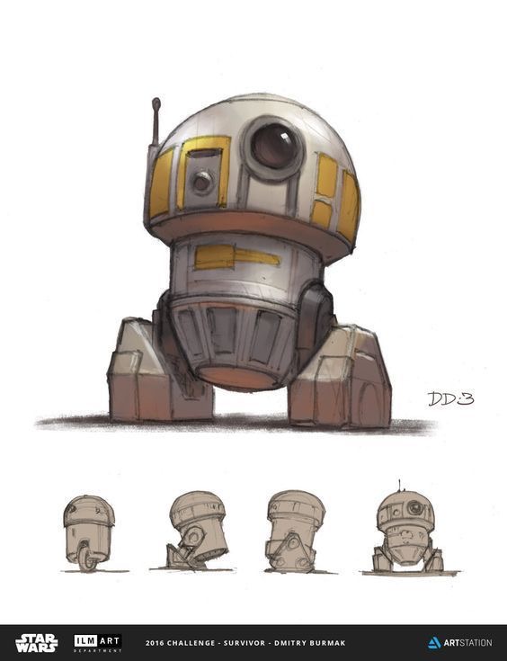 this is a digital painting of a star wars droid. the droid has a white and yellow body, and is sketched in different poses. it has one eye, antennas, and a body that has a panel for its face.