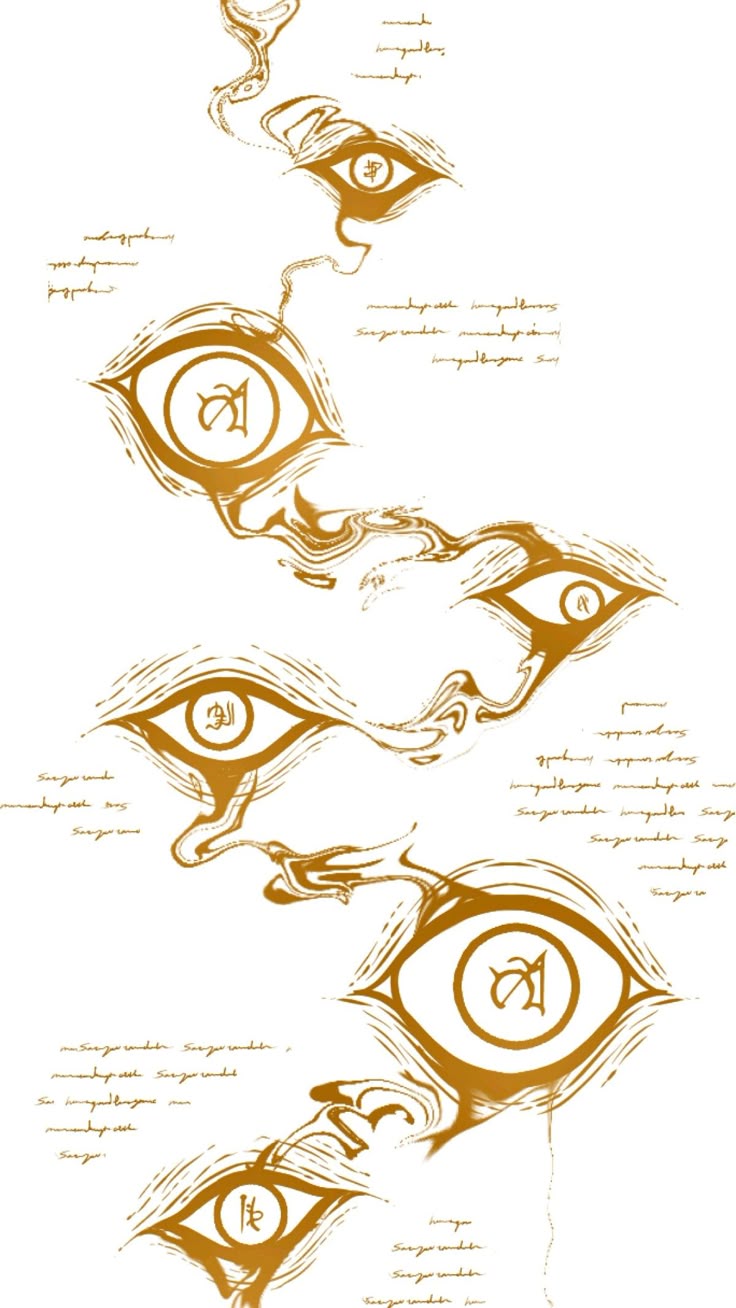 the image contains a vertical arrangement of six golden eye symbols, each with a unique calligraphy or symbol inside. the eyes are connected by swirling, liquidlike lines, resembling smoke or water. scattered around the eyes and connections are snippets of illegible golden writing, resembling a manuscript or ancient text. the style is sketchlike and mystical, evoking a surreal or spiritual mood.