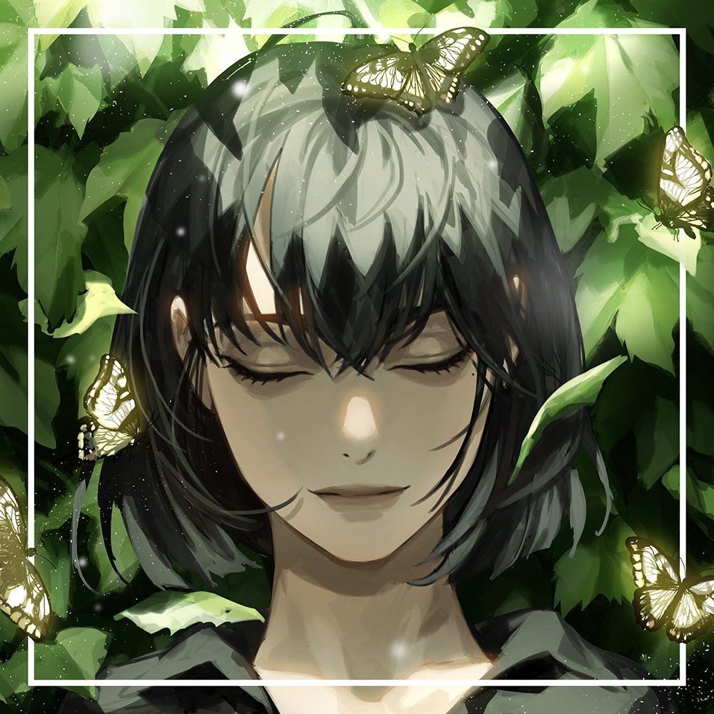 a young woman with short, dark hair is depicted with her eyes closed, lying peacefully amidst a lush, green foliage. the soft, natural lighting illuminates her face, casting gentle shadows on her features. several delicate, white butterflies flutter around her, creating a sense of tranquility and serenity. the image exudes a peaceful and ethereal atmosphere.