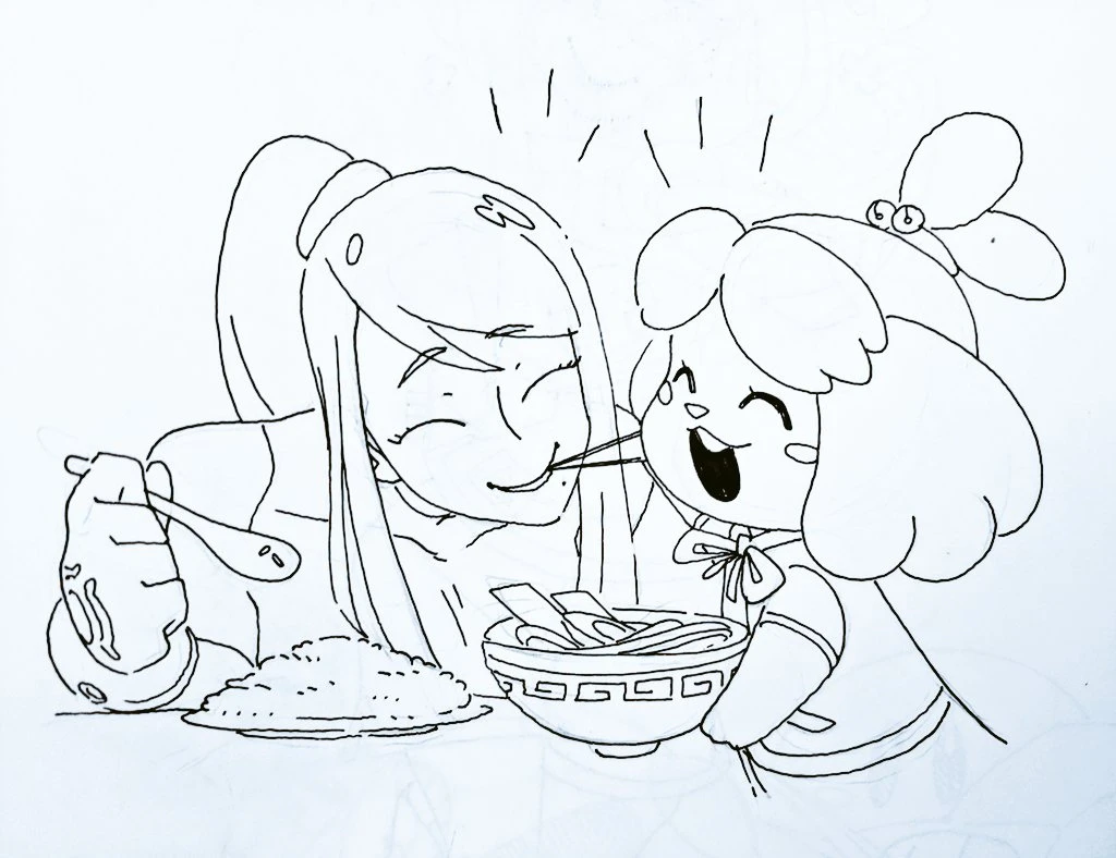 a line drawing of two anime girls, one with brown hair and one with a doglike face, are smiling and eating noodles out of bowls together with chopsticks. the girls are sitting at a table with their bowls in front of them. the girl with brown hair is holding chopsticks and the doglike girl is holding a bowl with noodles. the girl with brown hair has a big smile on her face, while the doglike girl has a smaller smile. they both look very happy to be eating together. the drawing is done in black and white.