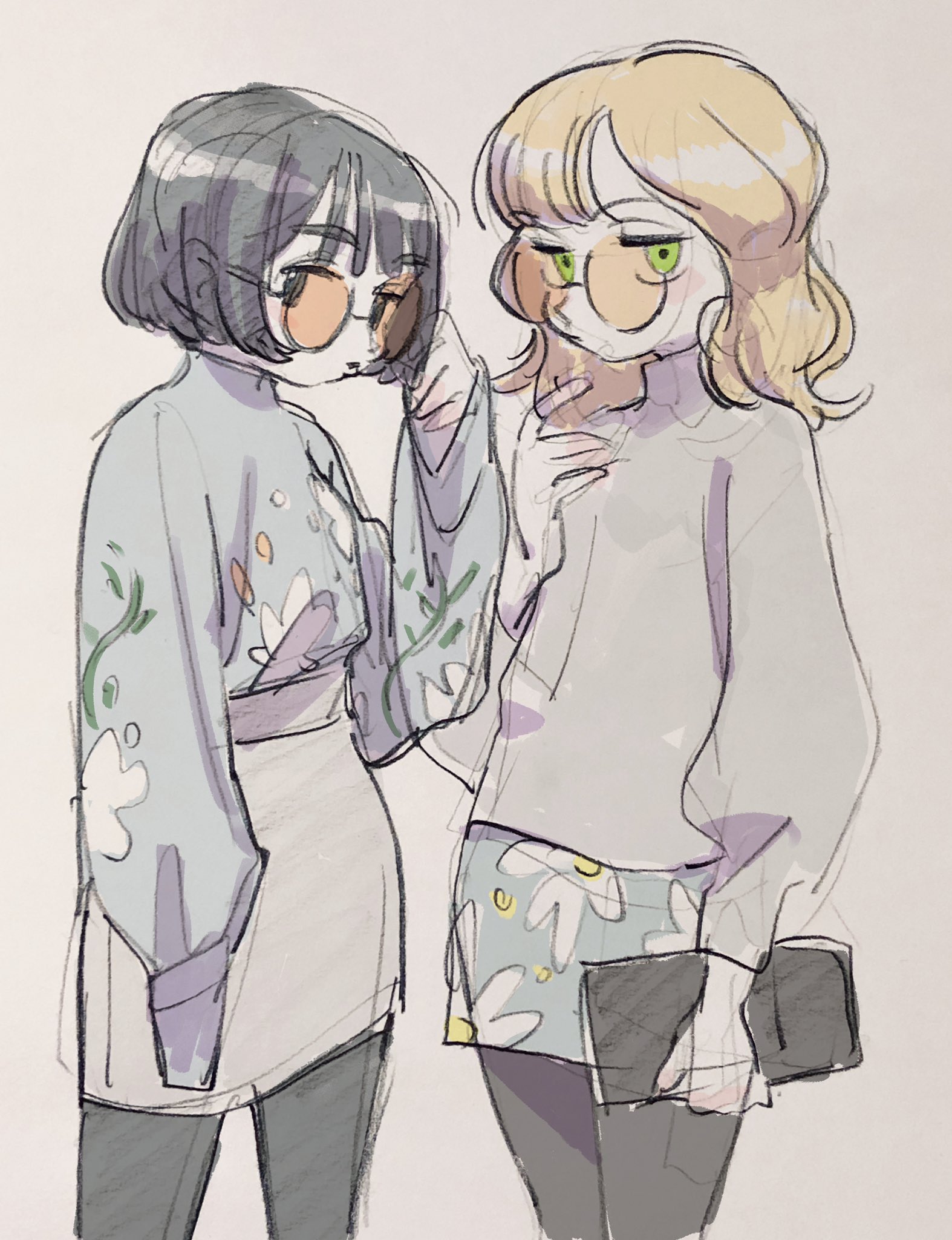 a charming, loose sketch of two stylish young women. the woman on the left sports a trendy bob haircut and wears a floralpatterned top with a white skirt.  her friend on the right has wavy blonde hair and wears a cozy sweater with a floralprint skirt and carries a black purse. both have a cool, fashionable vibe and wear round glasses. the soft lighting and sketchy style add to the artwork's casual and appealing aesthetic.