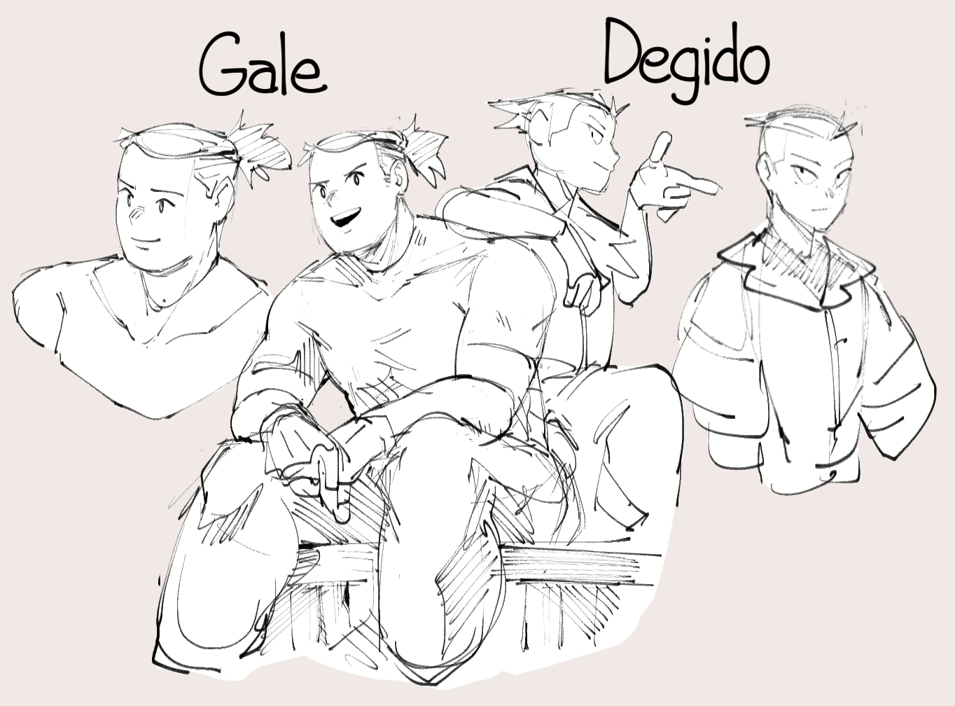a black and white sketch of three young males. the one on the left is sitting with one leg crossed and has a shirt on. the one in the middle is sitting and has a shirt on. the one on the right is standing and has a jacket on. all three have different hairstyles and expressions. the drawing is done in a loose, sketchy style. each character is labeled with their name, indicating that they are part of a story or project.
