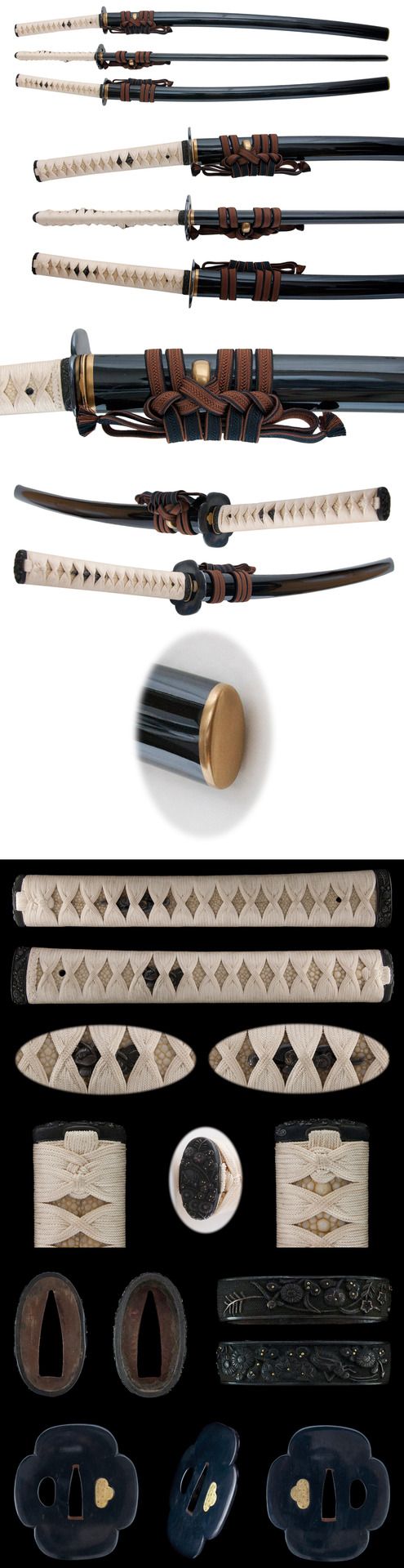 the image shows several katana swords, including closeups of the handles, scabbards, and blades. some swords are unsheathed, while others are still in their scabbards. details of the handle wrappings and blade design are visible.