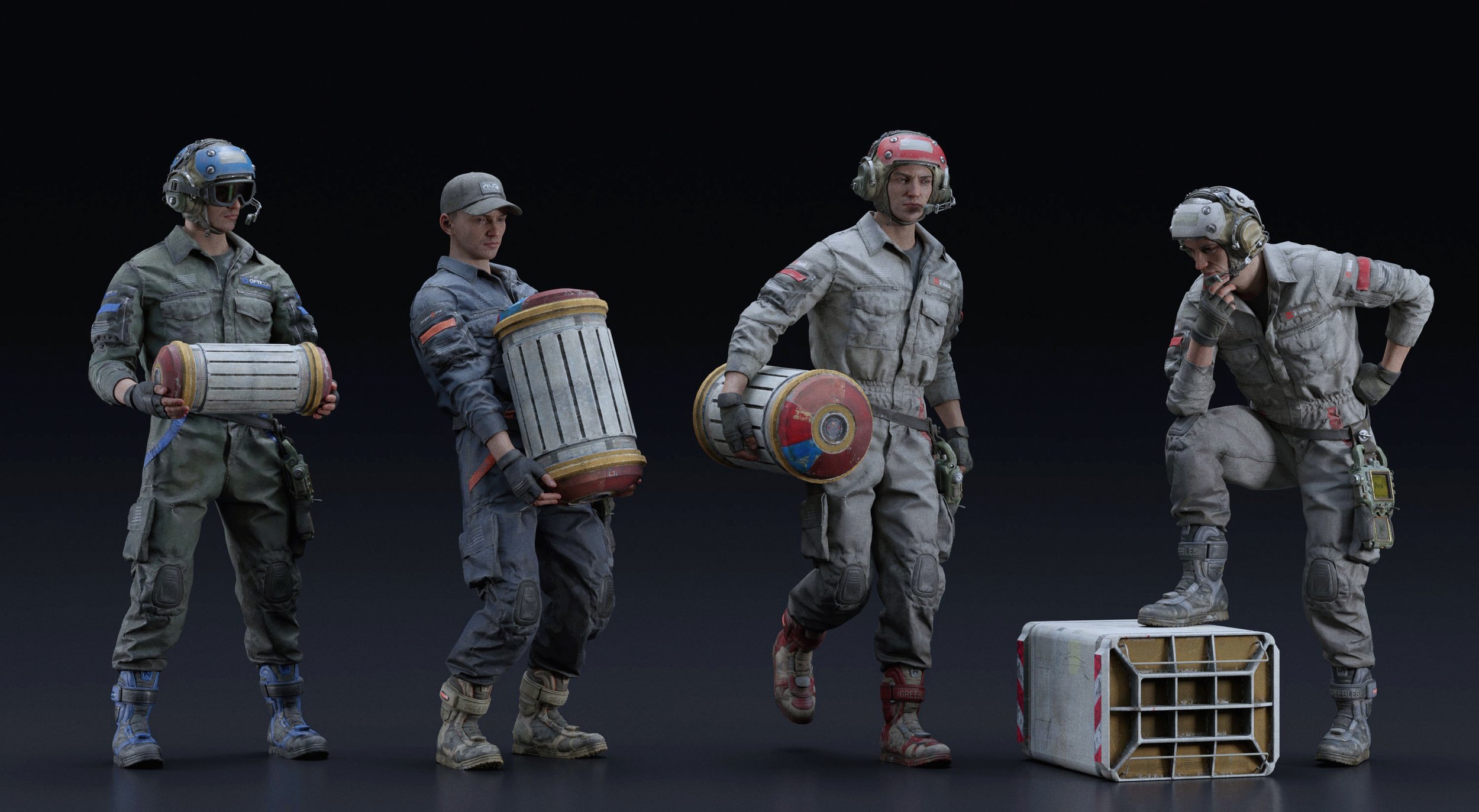 the image showcases a 3d render of four video game characters, possibly soldiers or workers, dressed in futuristic, wornout hazmat suits. each character wears a helmet and carries a large cylinder, possibly containing fuel or hazardous materials. the setting is dark and gritty, hinting at a postapocalyptic or dystopian world. the characters are positioned in various poses: walking, standing, and crouching, displaying different expressions and levels of engagement. their attire and the overall aesthetic convey a sense of action and danger.  the detailed textures and realistic rendering emphasize the worn condition of the suits and equipment.  the cylinders add to the industrial or military context.