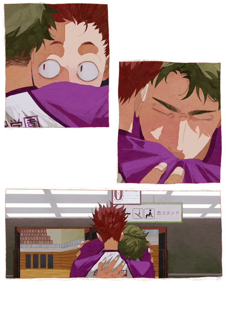 the image is a comic book panel with two boys hugging each other. one is crying and the other is comforting him. the boys are wearing school uniforms. they are in a gym with bleachers in the background. there is a speech bubble with the text "back stand."  the image is drawn in a manga style. the colors are soft and muted, and the lines are clean and precise.  the image evokes a sense of sadness, but also of hope and friendship.