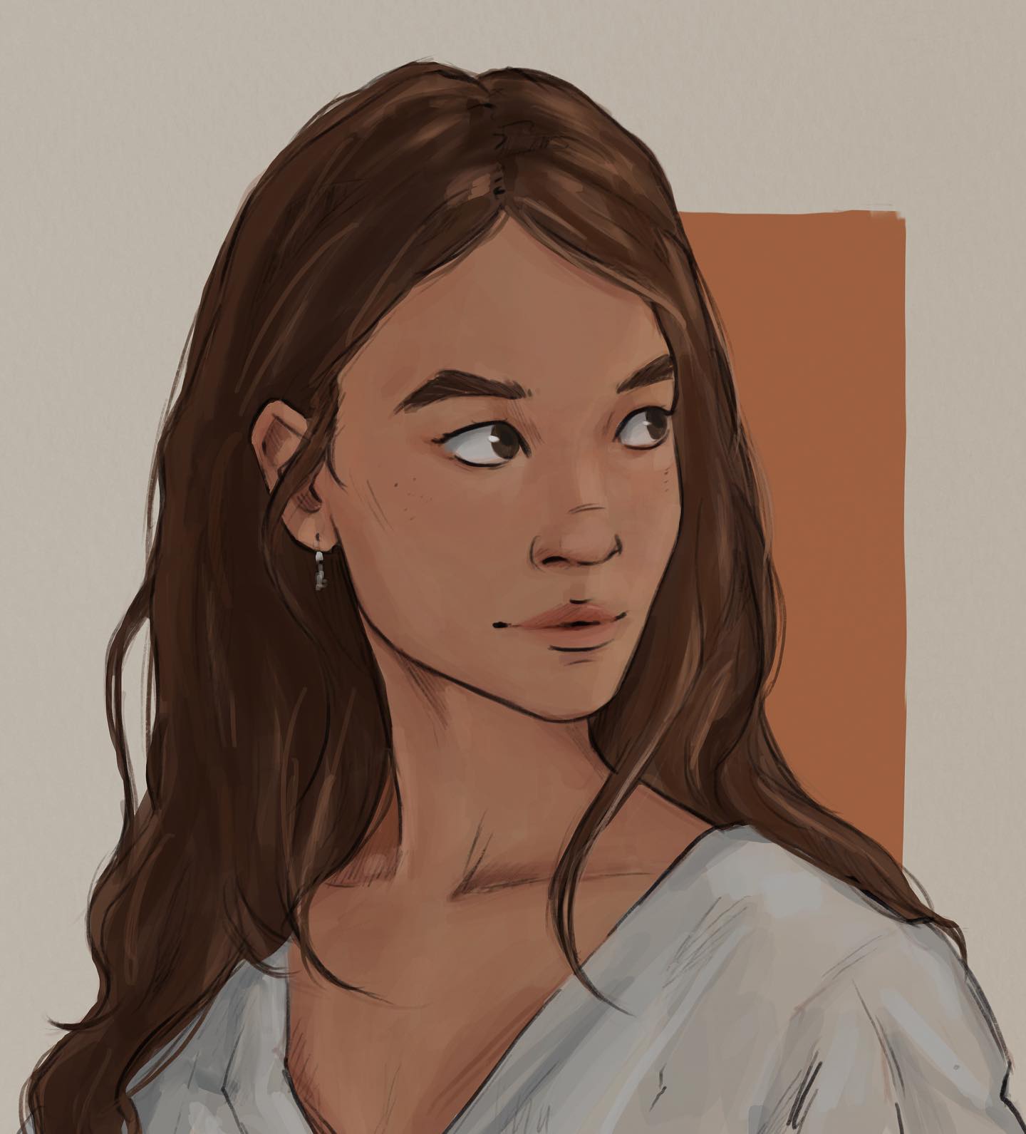 the image is a digital painting of a young woman with long, wavy brown hair.  she is shown from the chest up, in a slightly threequarter view, looking off to her right. her skin tone is a warm, light to medium brown. she's wearing a simple, lightcolored, loosefitting top or shirt. the background is a muted beige/orange color. the style is realistic in approach, with soft shading and muted colors creating a calm and serene mood. the overall impression is one of elegance and casual beauty.
