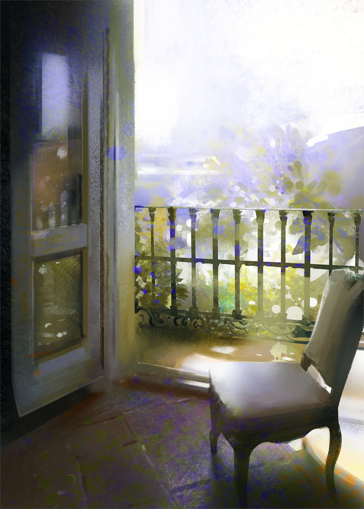 a white chair sits in a room with a balcony. the balcony is outside the window and has a metal railing. the sun shines through the window, creating a warm, inviting atmosphere.