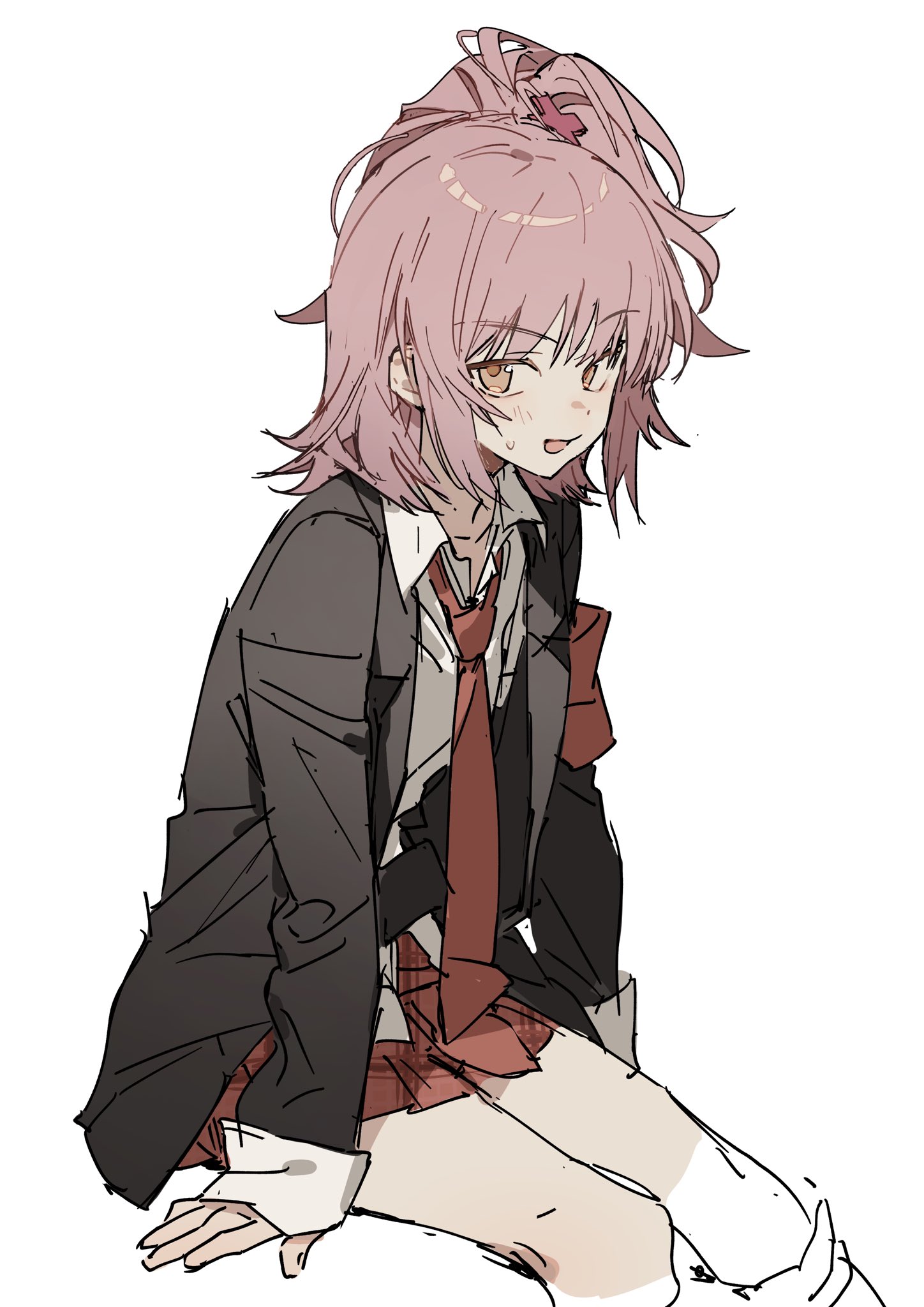 an anime girl with short pink hair, wearing a school uniform with a blazer, tie, and skirt, sits with an awkward expression and a blush.