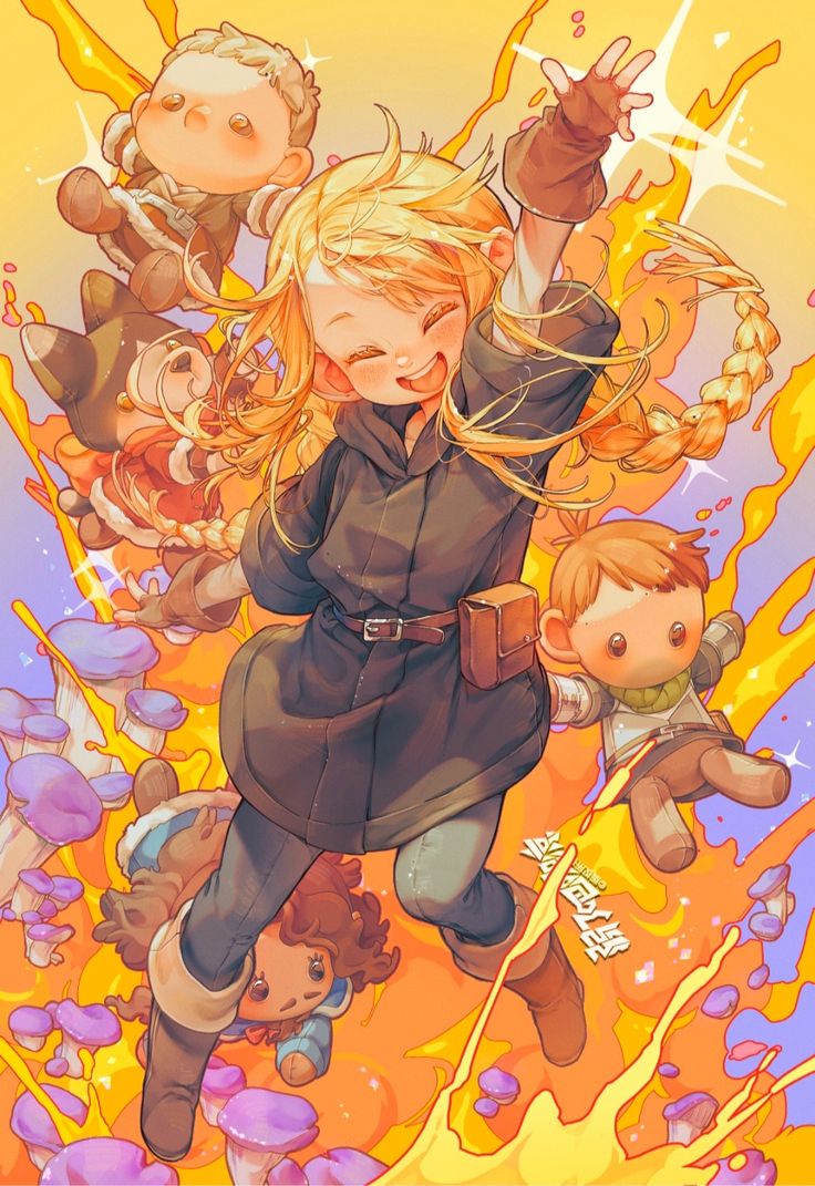 the image is a vibrant and whimsical digital illustration in an anime/manga style.  it features a cheerful, blondehaired girl jumping or floating amidst a colorful, fantastical setting. she is surrounded by small, cute, chibistyle characters, possibly her companions or toys; including a boy in armor, a small animallike creature, and other small figures. the background is a bright explosion of orange and yellow, possibly representing a magical substance or energy, with purple mushrooms scattered throughout. the overall mood is lighthearted, fun, and adventurous. the art style is reminiscent of children's book illustrations or game character art, with a focus on bright colors and cute character designs.  the girl's expression is one of pure joy and excitement.