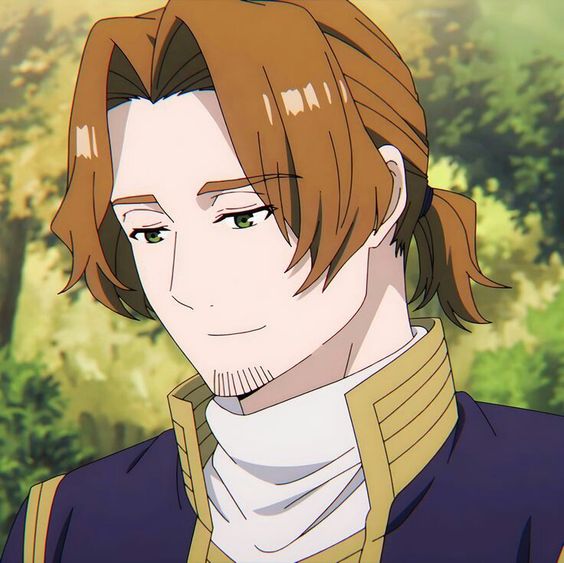 this is a closeup illustration of a man with brown hair tied back in a ponytail and green eyes. he has a goatee and is smiling slightly. he appears to be wearing an aristocratic outfit with gold trim details, suggesting he could be a noble or a prince. the background suggests a natural, outdoor setting, likely a forest, with soft lighting.  the style of the illustration is reminiscent of anime.