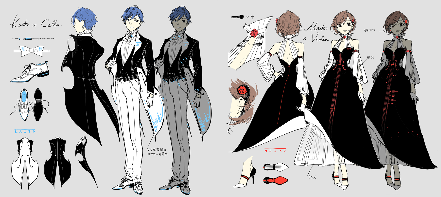 the image is a fashion illustration showcasing formal wear designs inspired by vocaloid characters kaito and meiko, their clothing and instruments. kaito's design includes variations of a celloinspired tuxedo with different color schemes (white and black, gray and black), bow tie options, and celloshaped accessories, whereas meiko's design incorporates a violin theme into her dresses, with red accents resembling violin strings and roses. the images show variations of their outfits and accessories, likely for character design purposes.