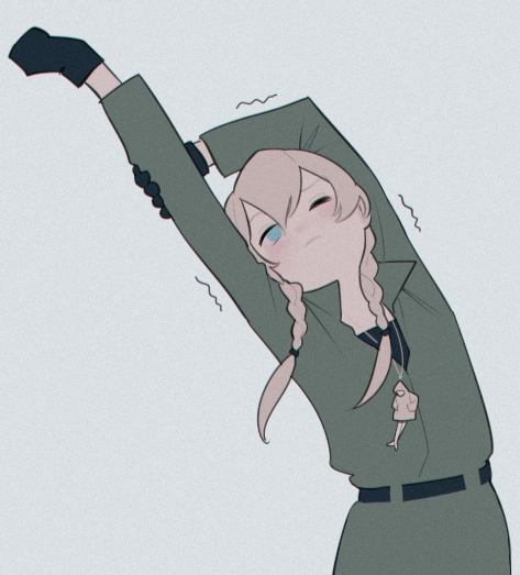 a cartoon drawing of a girl in a military uniform stretching her arms above her head. she has long blonde hair in pigtails and is wearing black gloves. she is also wearing a shark tooth necklace. she appears to be tired or sleepy. the background is a light gray.