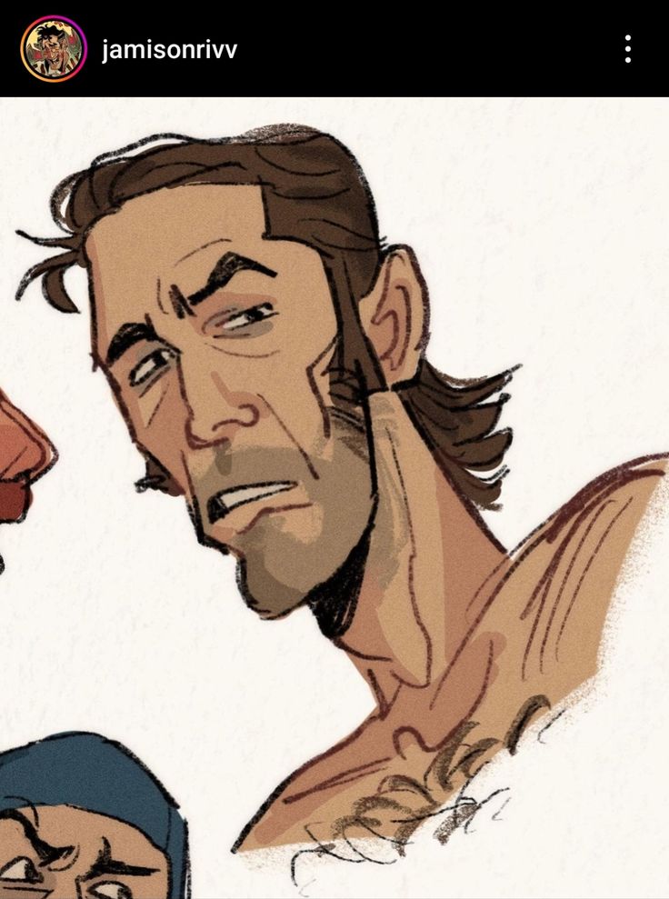 a drawing of a man's face in a comic style. he has a frown on his face and is looking at the viewer. he has brown hair, a beard and a mustache, and is shirtless.  the background is white. the man appears to be angry or displeased with something.