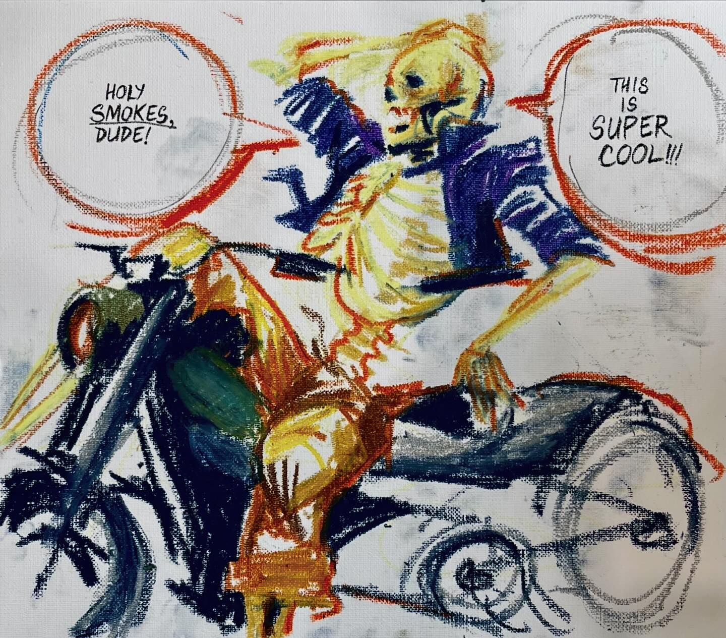 the image is a vibrant, cartoonstyle illustration of a skeleton riding a chopper motorcycle. the skeleton is engulfed in flames, with a speech bubble proclaiming "this is super cool!!!"  another speech bubble near a bystander reads "holy smokes, dude!" the artwork uses a bold, graphic style with thick outlines and bright colors.