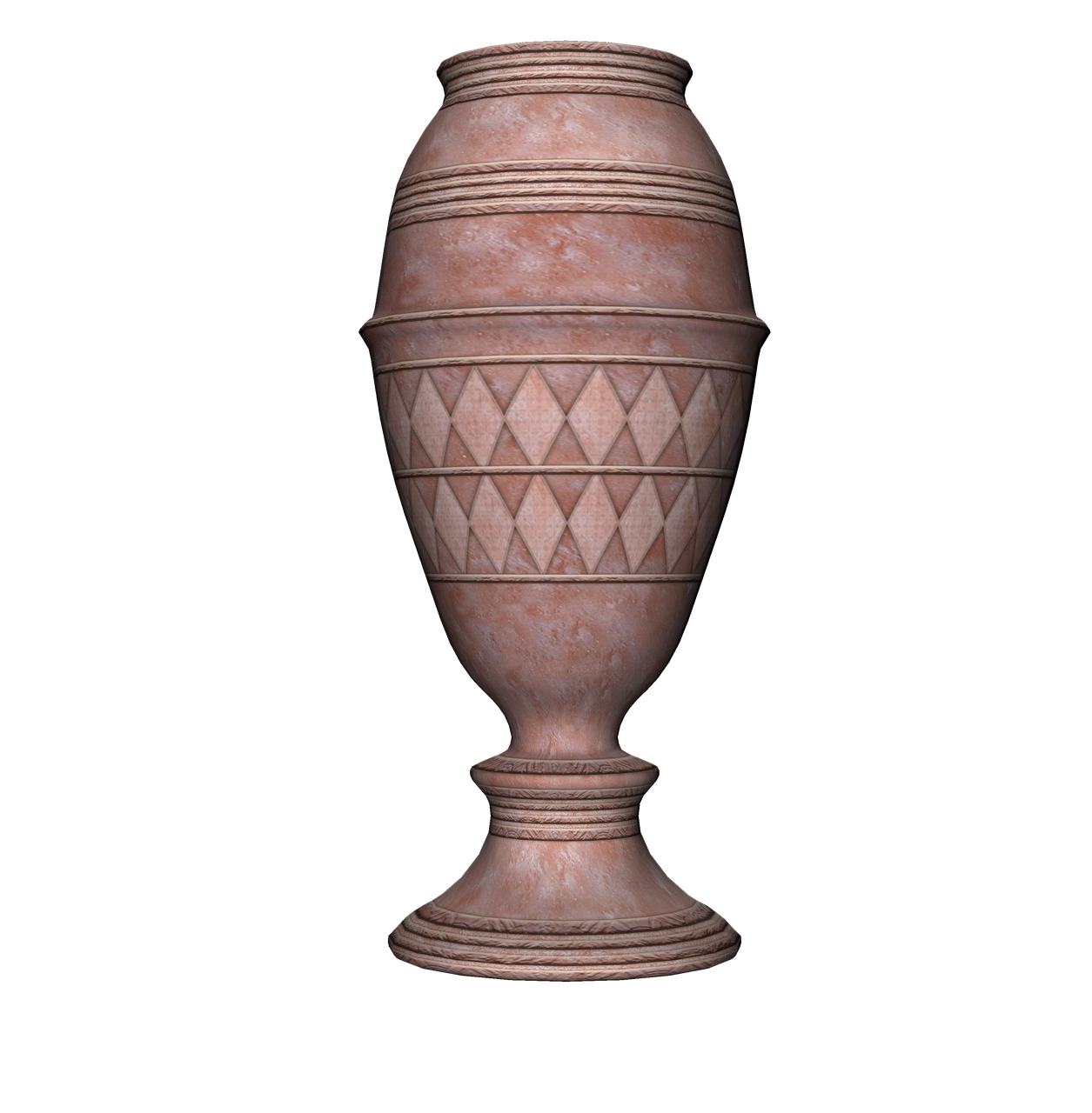 a tall, terracottacolored vase with a decorative pattern sits against a black background. the vase has a distinctive shape, featuring a wide upper section, a decorated middle with a diamond pattern, and a pedestallike base. the surface appears aged and textured, suggesting a historical or artistic piece.