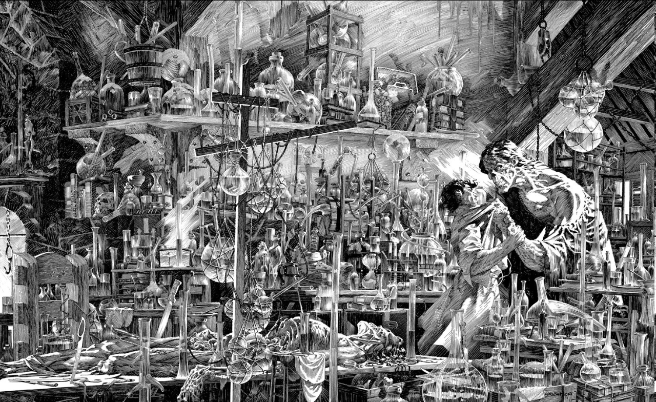 the image depicts a cluttered medieval apothecary or alchemist's workshop.  two figures, likely alchemists, are hunched over a table amidst a dizzying array of scientific instruments, glassware, and skeletons. the scene is dramatically lit with deep shadows, creating a sense of mystery and intrigue.