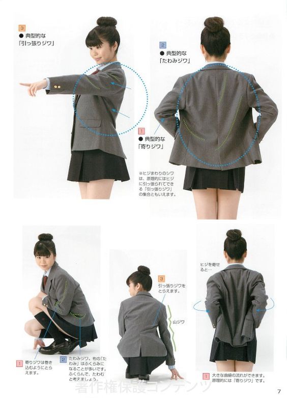 the image is a page from an art tutorial book, showing how to draw clothing folds on a female figure wearing a school uniform with a gray blazer and black skirt. different poses demonstrate how the fabric folds depending on the body's movement. text in japanese explains the types of folds, such as "pull wrinkles" and "gather wrinkles."