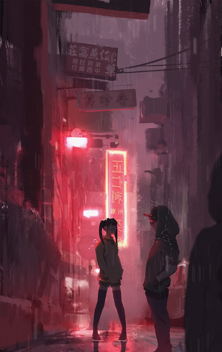 the image depicts a rainy city street at night. neon lights illuminate the scene, reflecting off the wet pavement. a girl with pigtails and stockings stands in the rain, facing a hooded figure. several signs with asian writing are visible above them. the overall mood is dark and atmospheric.