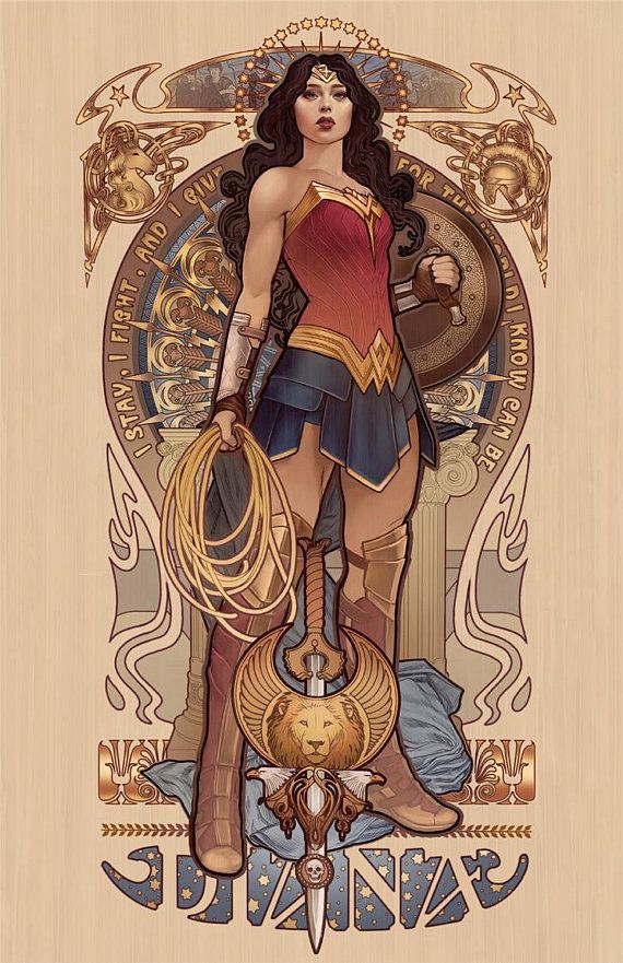a fullbody illustration of wonder woman in an art nouveau style. she stands tall, holding her lasso of truth in one hand, with her sword resting near her feet. she wears her iconic costume, including a headdress and boots. a shield is visible behind her. the background features ornate, flowing designs typical of art nouveau.