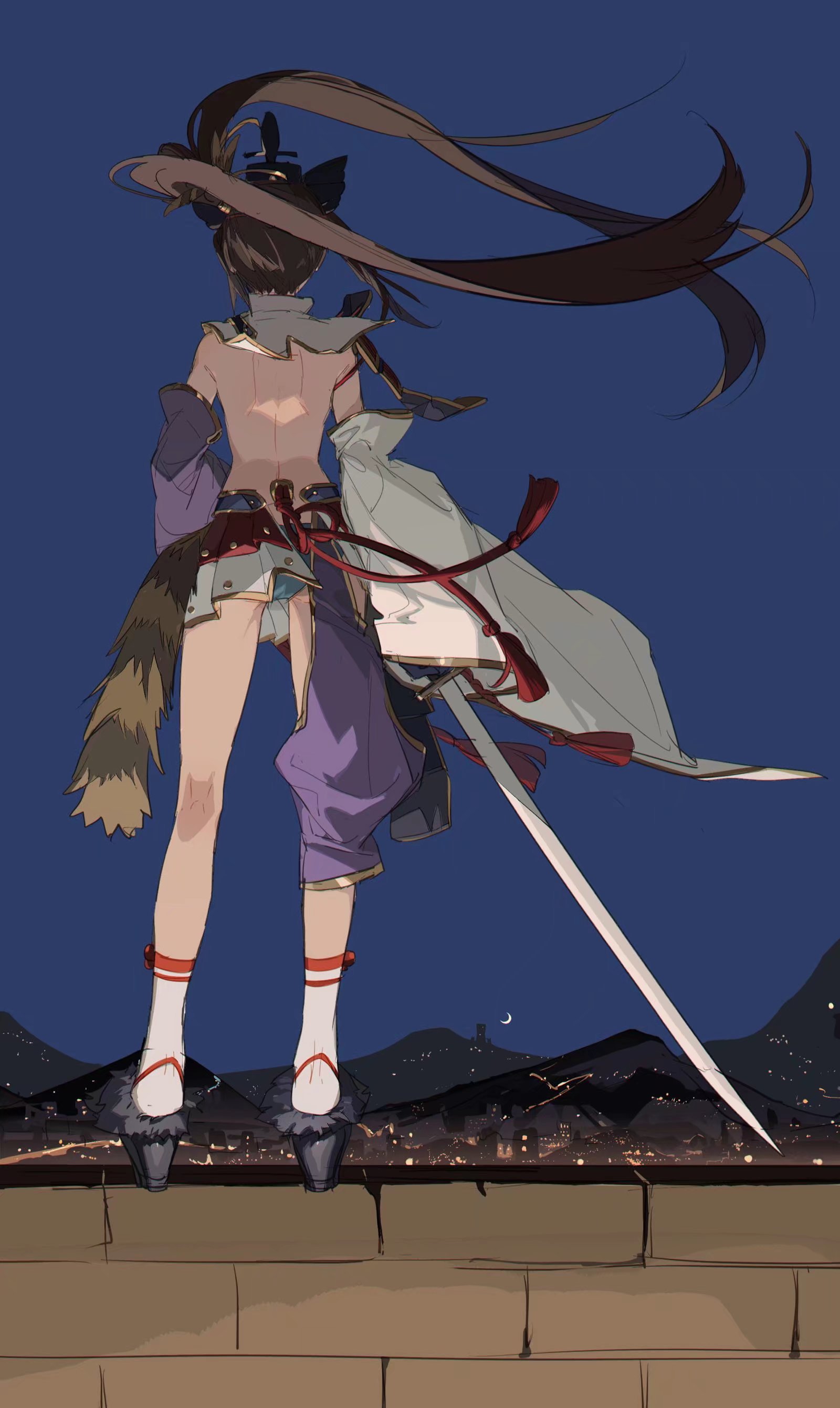 a digital art image of an anime girl standing on a rooftop overlooking a night city. the anime girl has brown hair in a ponytail and is wearing a short skirt. she also has a fox tail. she is holding a japanese sword.