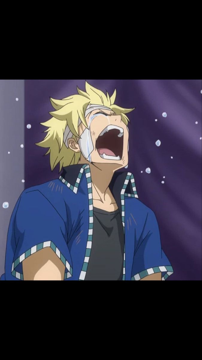 a blonde haired anime male character with blue and green striped shirt, crying in sorrow. the character is shown with tears streaming down his face as he looks up in the sky.
