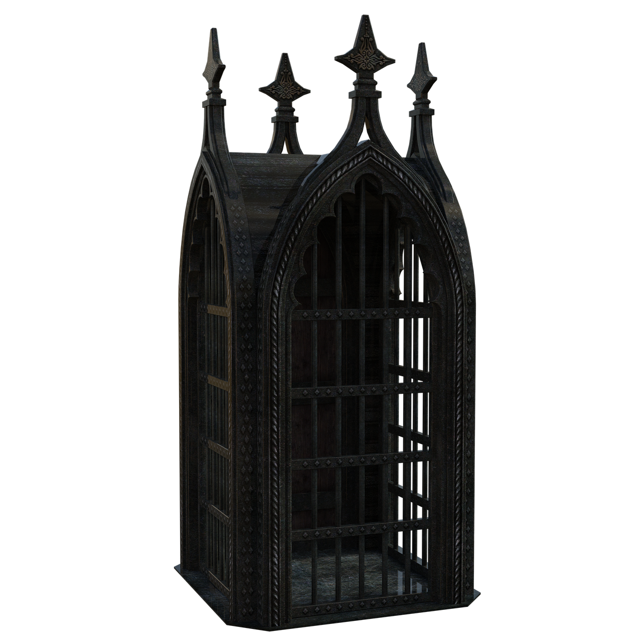 the image shows a gothic metal cage with an ornate design. it has a medieval appearance, featuring bars and architectural details. the cage is dark and reminiscent of a prison.