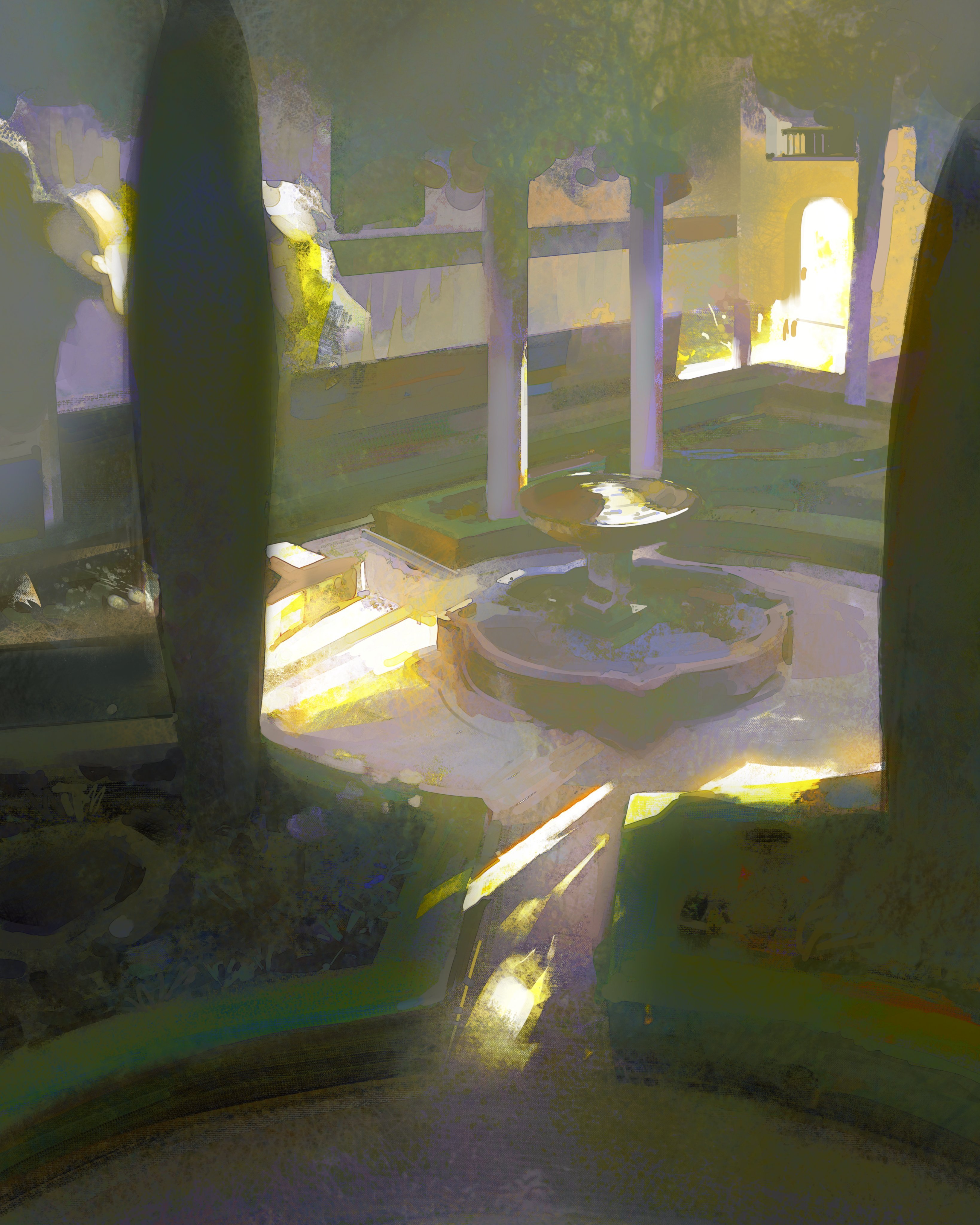 a tranquil courtyard scene with a fountain in the center, surrounded by lush greenery and shaded stone walls. sunlight streams through the trees, casting dappled patterns on the ground and highlighting the architectural details of the building. the perspective is from a high vantage point, looking down upon the courtyard, emphasizing the peaceful and secluded atmosphere.