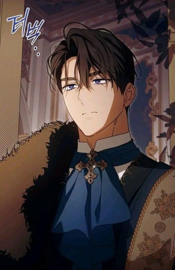 the image is a closeup portrait of a male anime/manga/manhwa character. he has dark hair styled neatly, piercing blue eyes, and a serious, almost brooding expression.  he's dressed in elegant, dark blue clothing with gold detailing and a prominent fur collar. a large, ornate gold cross pendant is visible on his attire. the background suggests a luxurious, possibly royal, setting with hints of ornate architecture and dark, shadowy areas. the overall aesthetic is dark, mysterious, and sophisticated, hinting at a character of high social standing and possibly complex personality.  there's also a small piece of korean text in the top left corner.